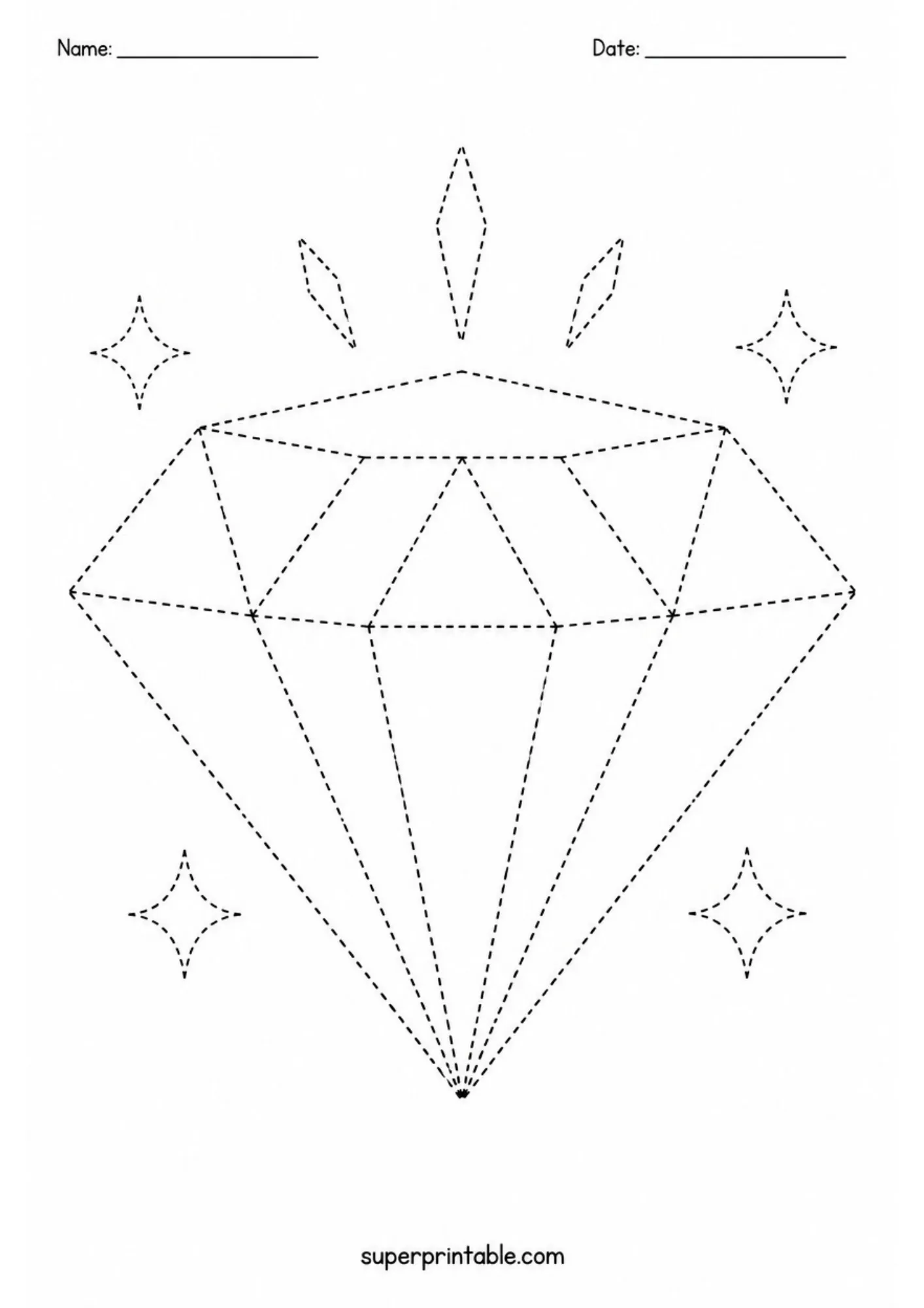 Sparkling diamond gemstone included in our shape tracing pages.