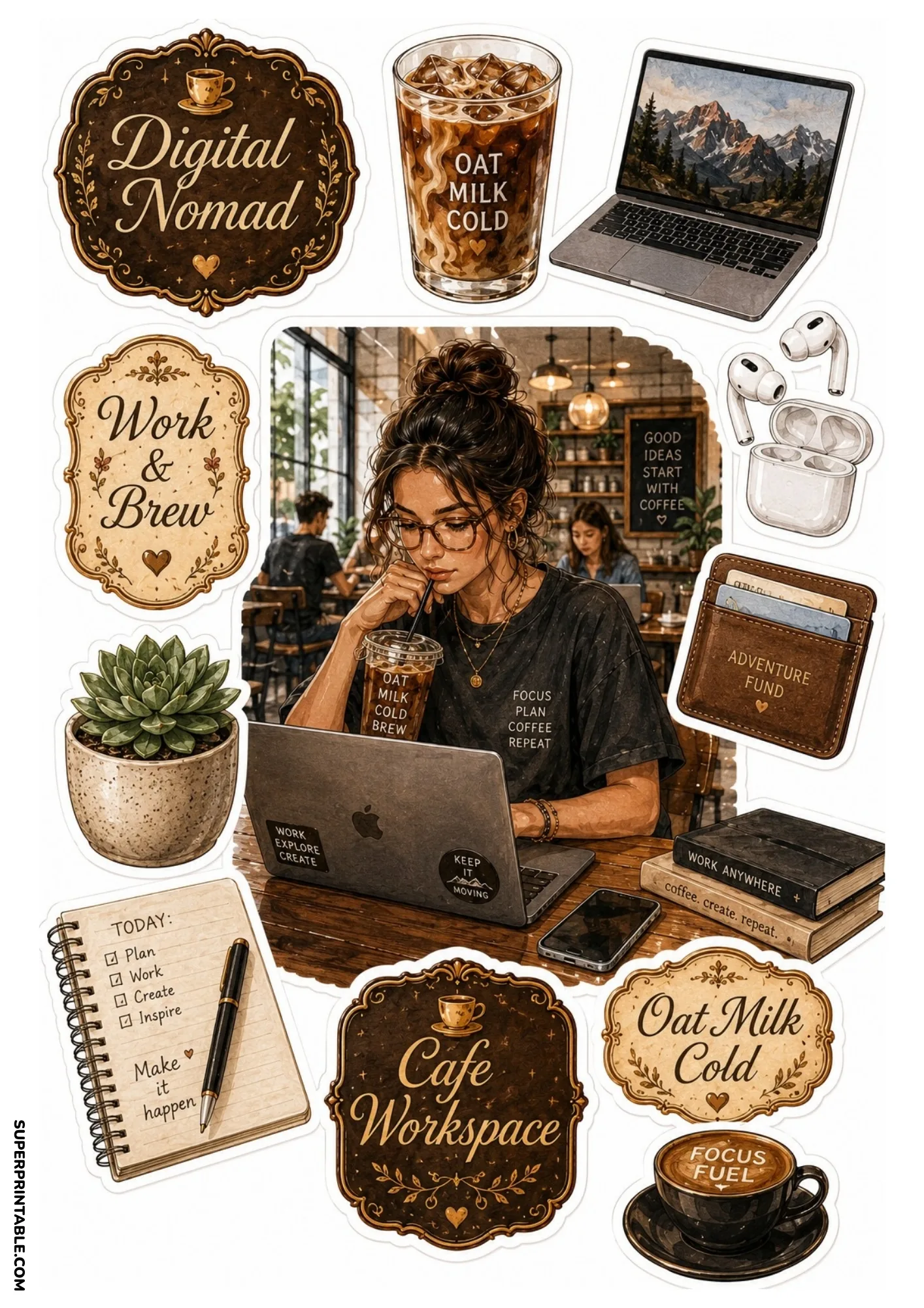 Digital nomad cafe stickers showing a girl working on laptop with iced cold brew and succulents.