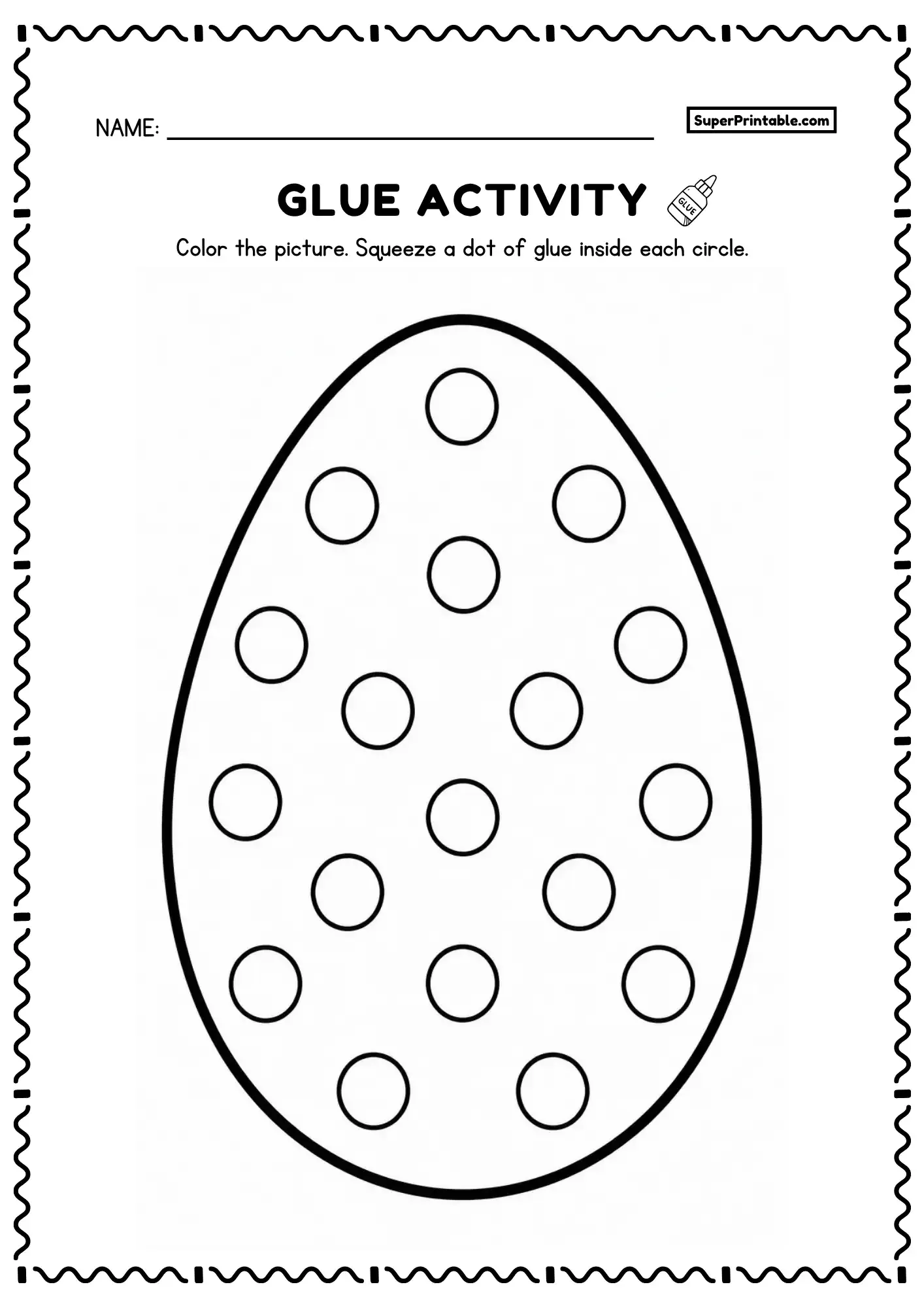 Large dinosaur egg activity worksheet with evenly spaced circles for glue dot practice