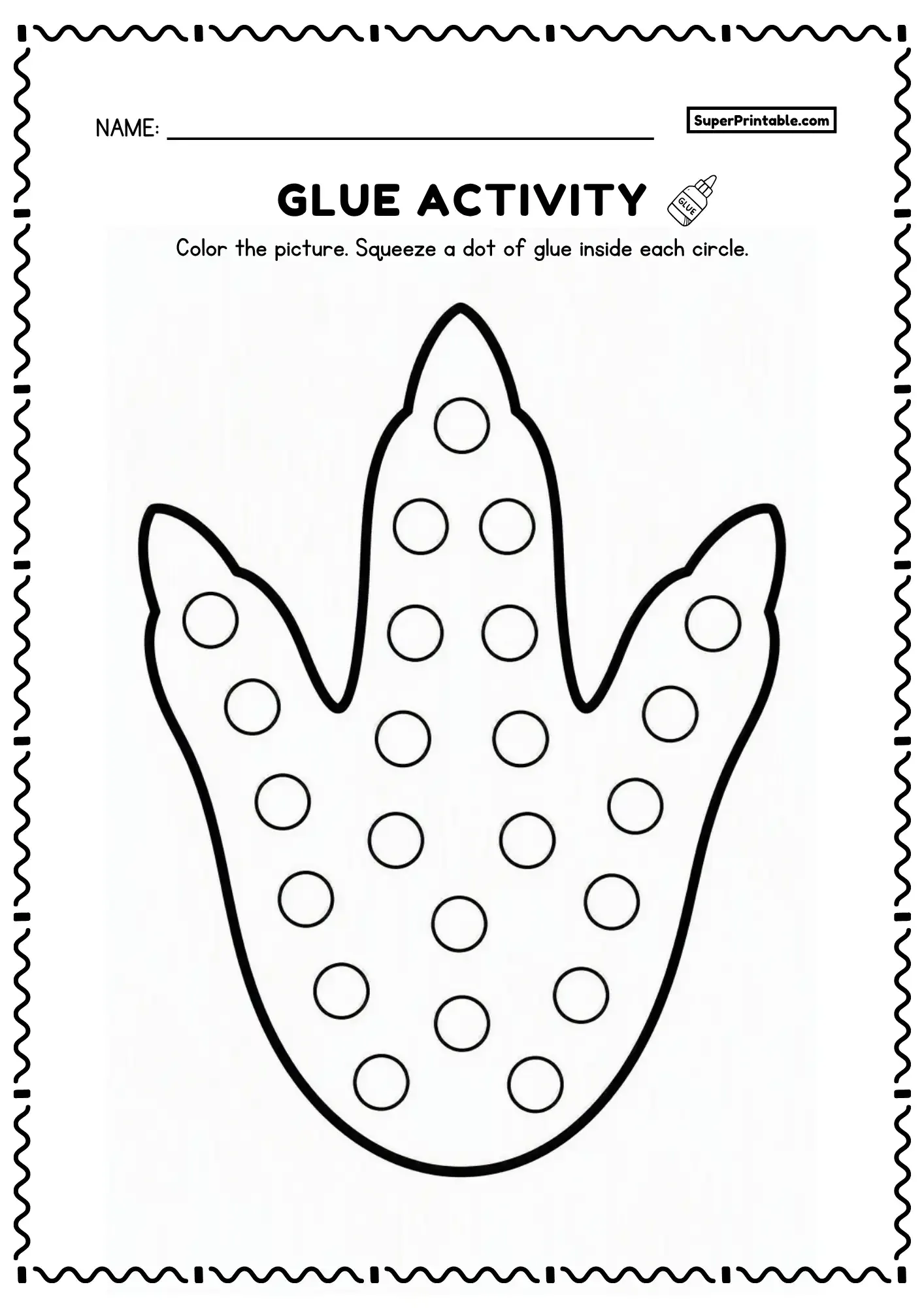 Three-toed dinosaur footprint worksheet filled with circles for a simple glue activity