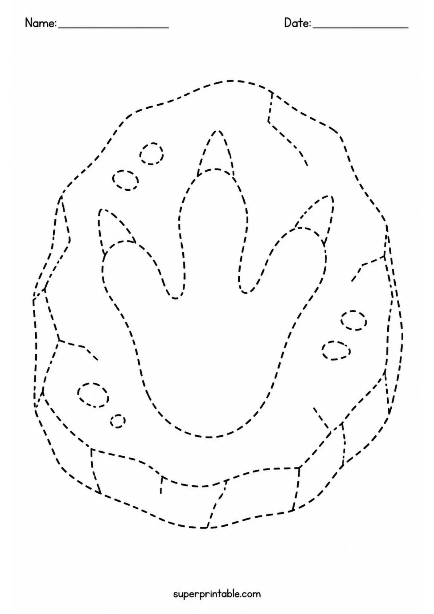 Three-toed dinosaur track footprint stone fossil tracing sheet.