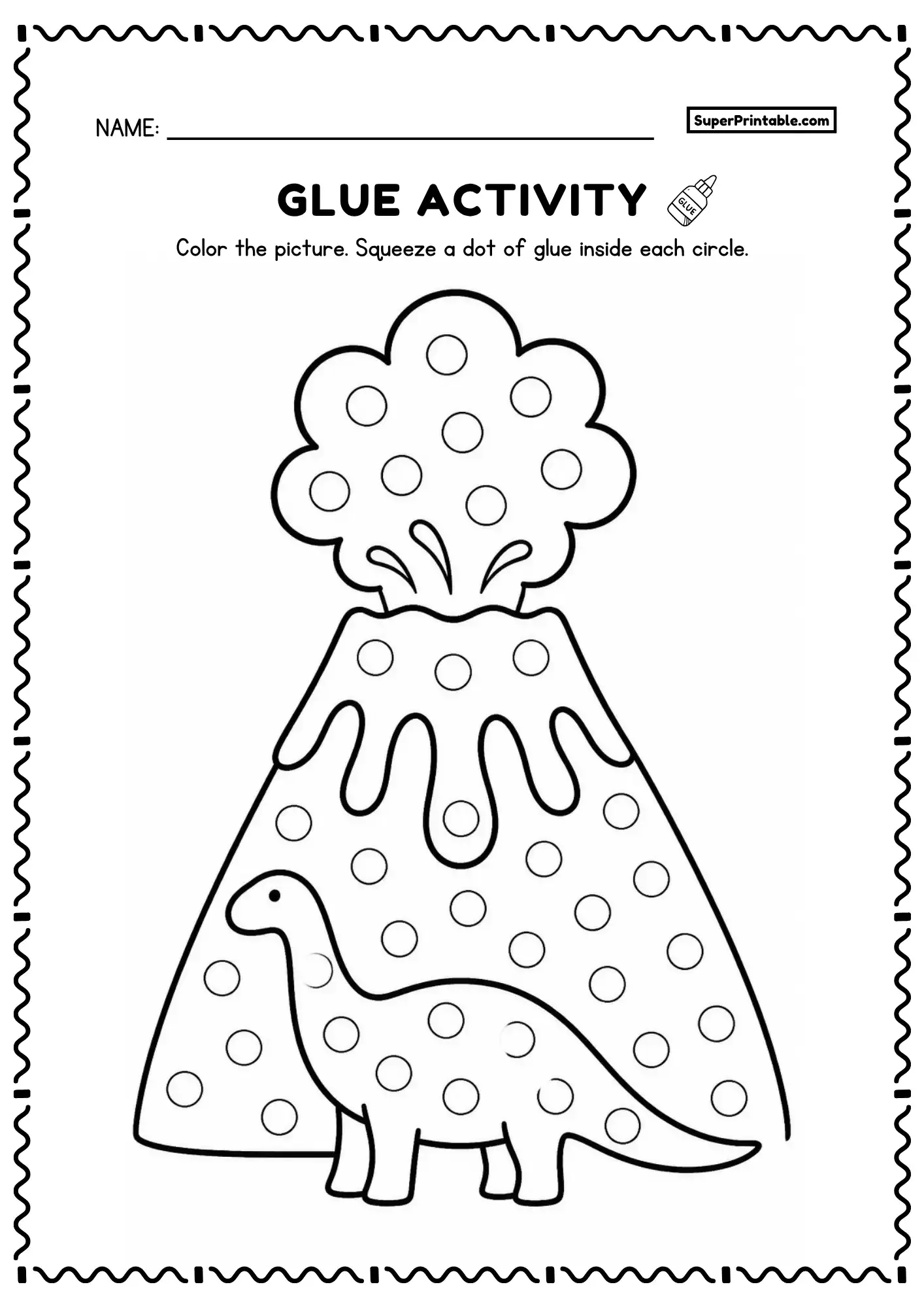 Long neck dinosaur and erupting volcano activity page with circles for glue dot practice