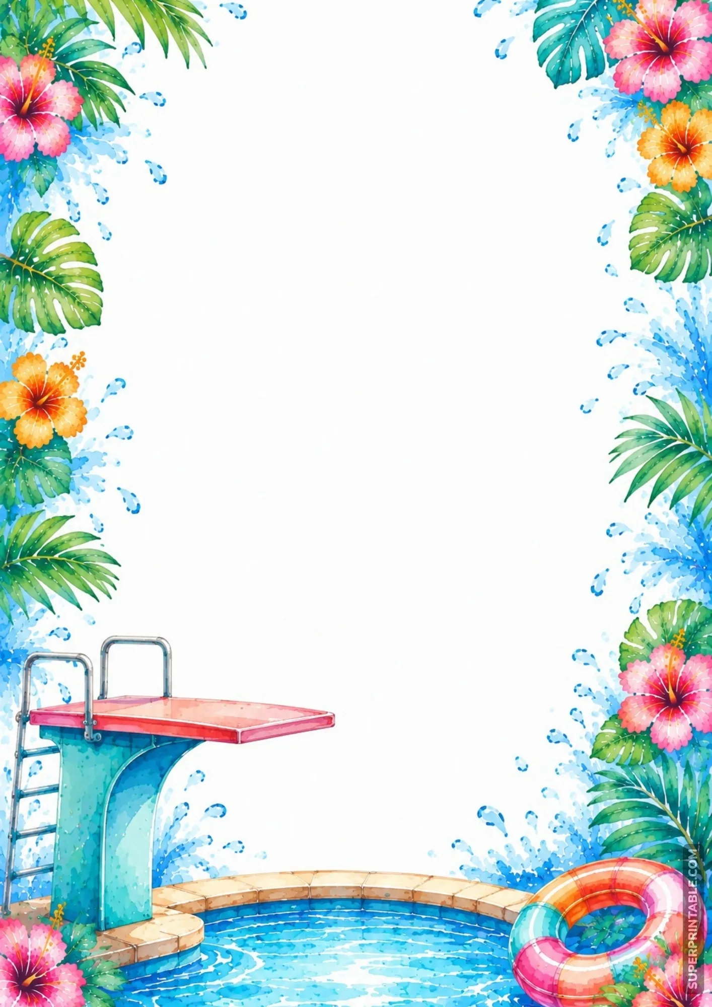 Watercolor page border design depicting a swimming pool diving board and colorful float ring.