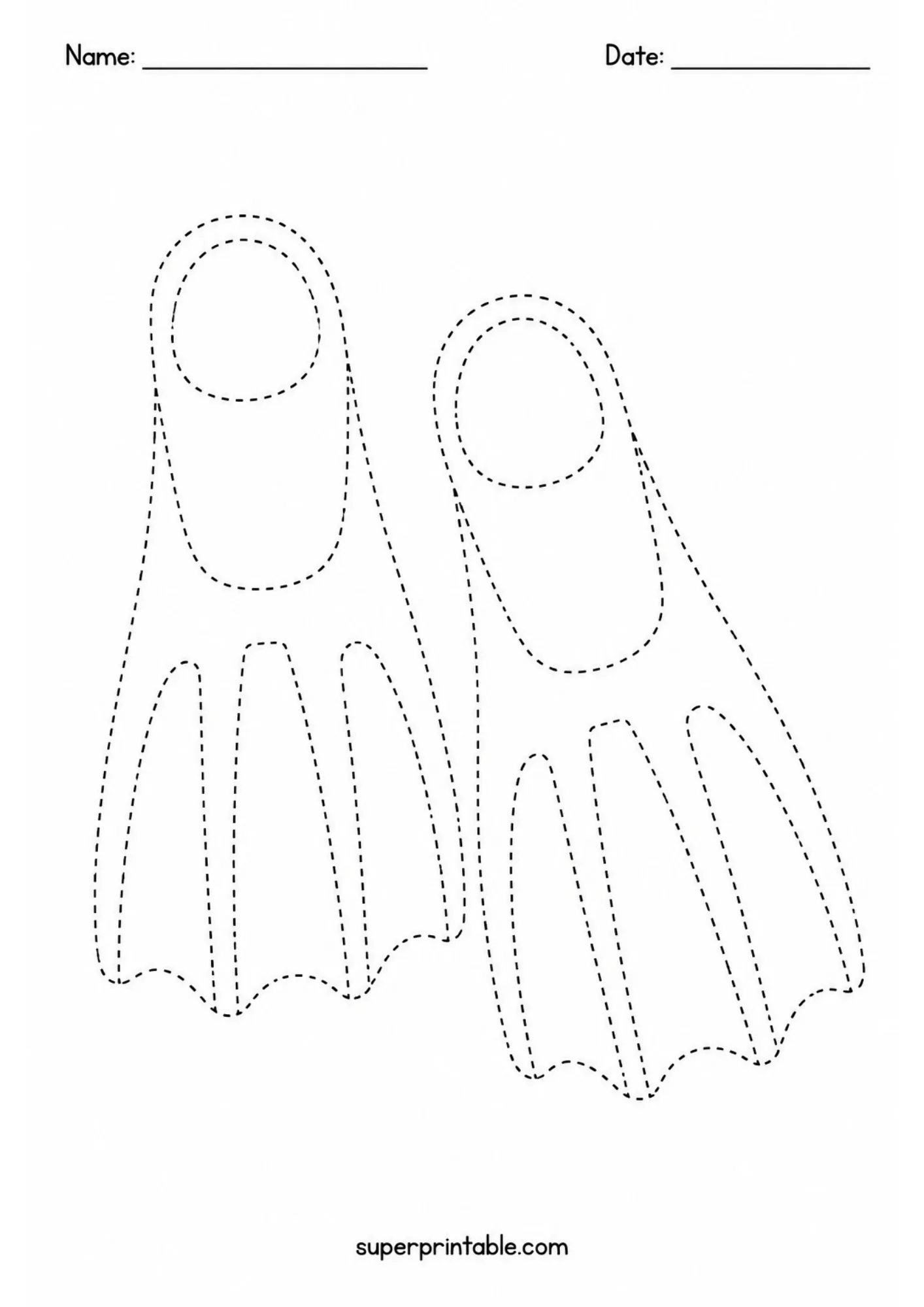 Pair of scuba swim flippers dashed line tracing worksheet designed for pre-k motor skill line practice.