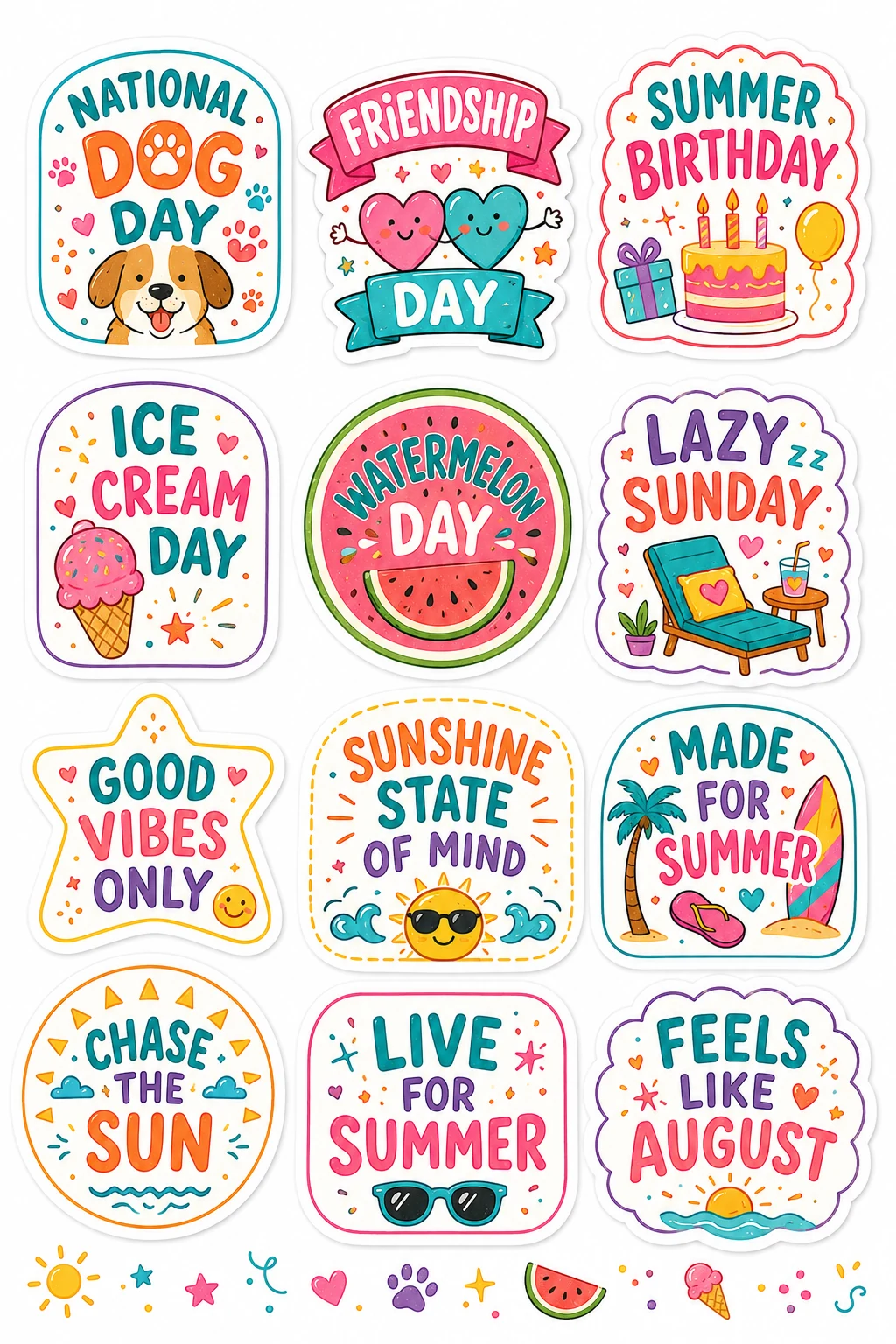 Dog Day Friendship Day Celebration Stickers featuring daily motivation, praise badges, daily affirmations, and school rewards.