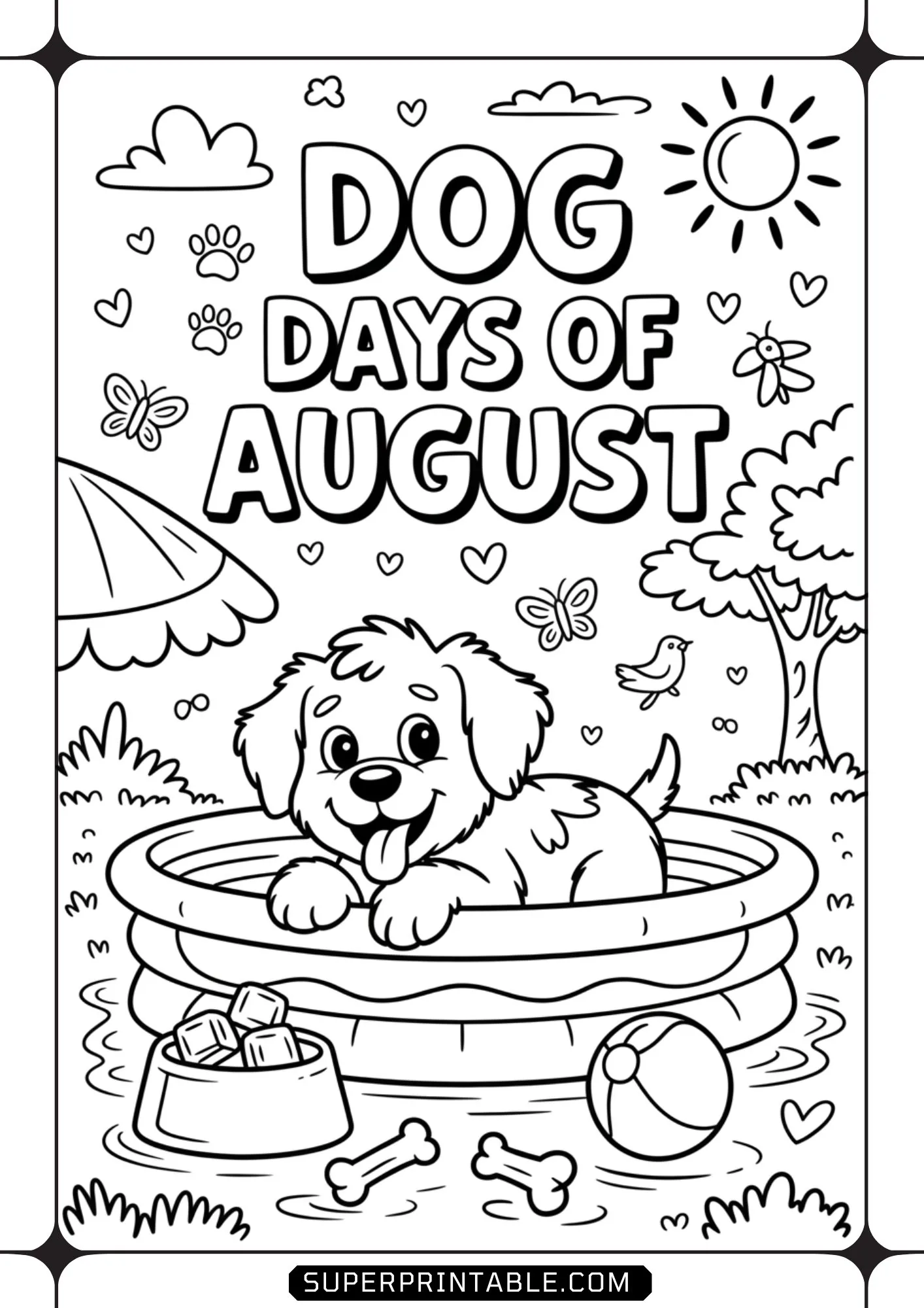 Cute puppy sitting in a backyard pool under the sun with dog bones and a beach ball line art.