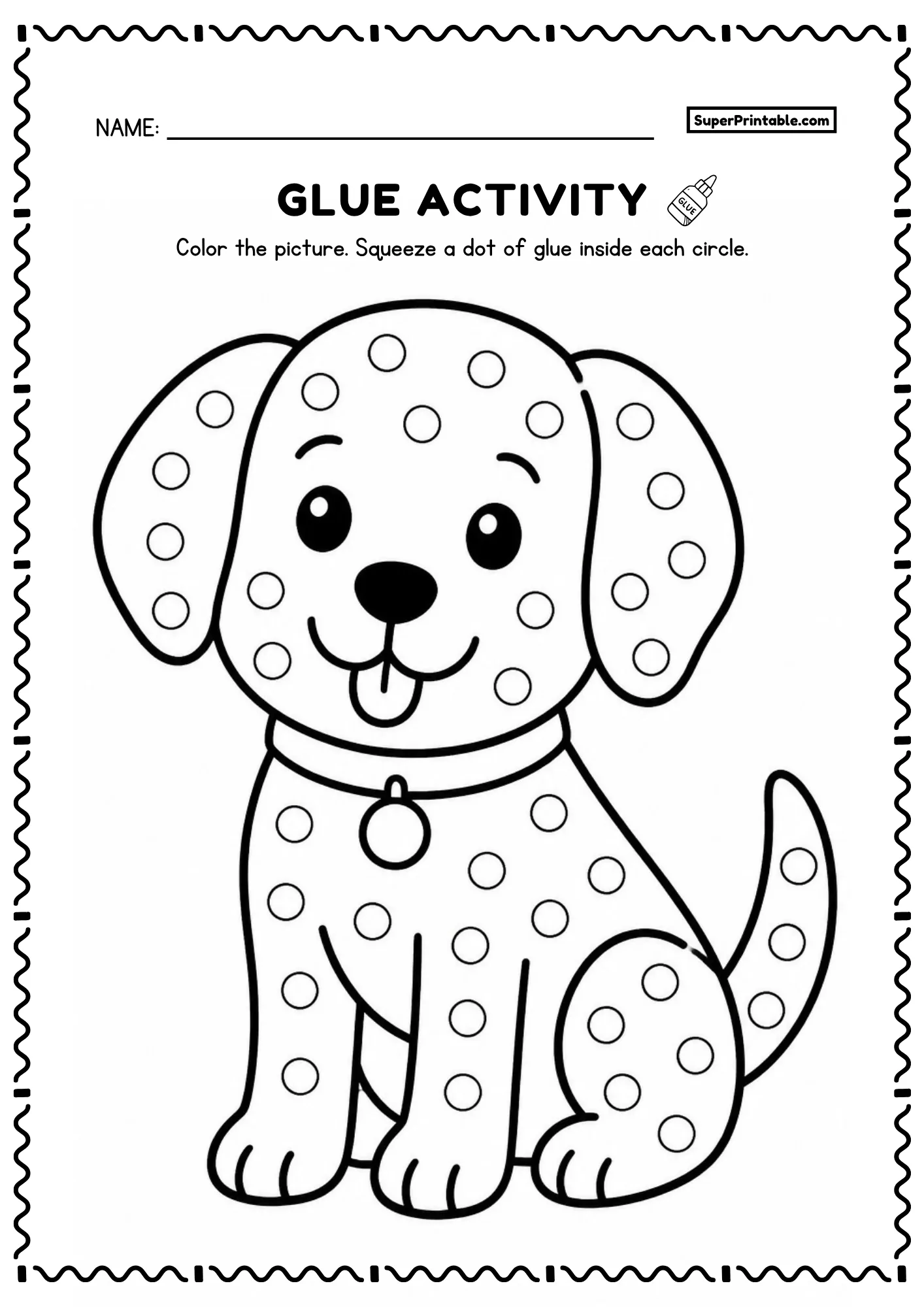 Friendly sitting dog dot glue pets worksheets with floppy ears and dot circles for preschoolers