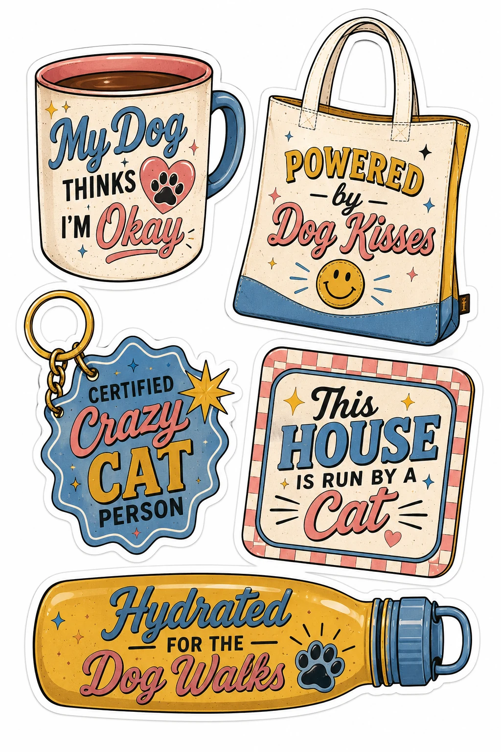 Dog Thinks Im Okay Crazy Cat Person Mug Sheet featuring funny cat & dog parent life, pet owner humor, daily pet life quotes, and accessories.