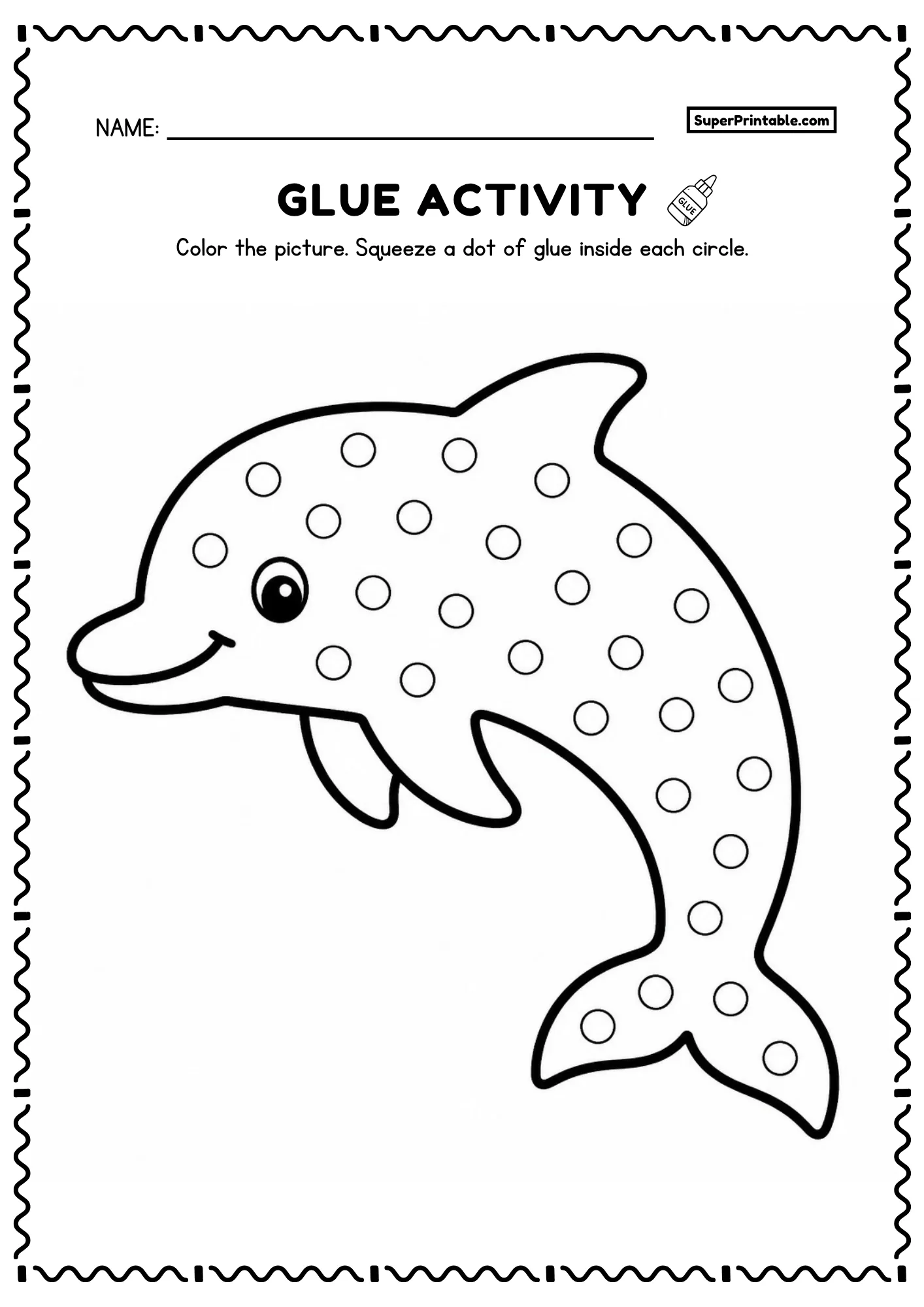 Leaping dolphin printable glue worksheet with dorsal fin and tail and dot circles for preschoolers