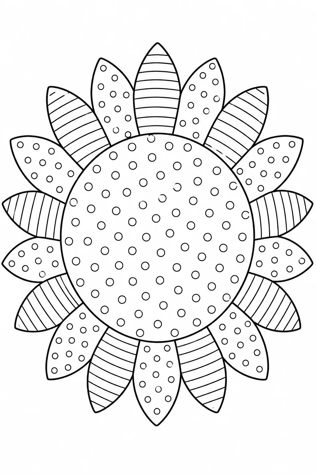Geometric sunflower coloring sheet with polka dots center and striped petal patterns.
