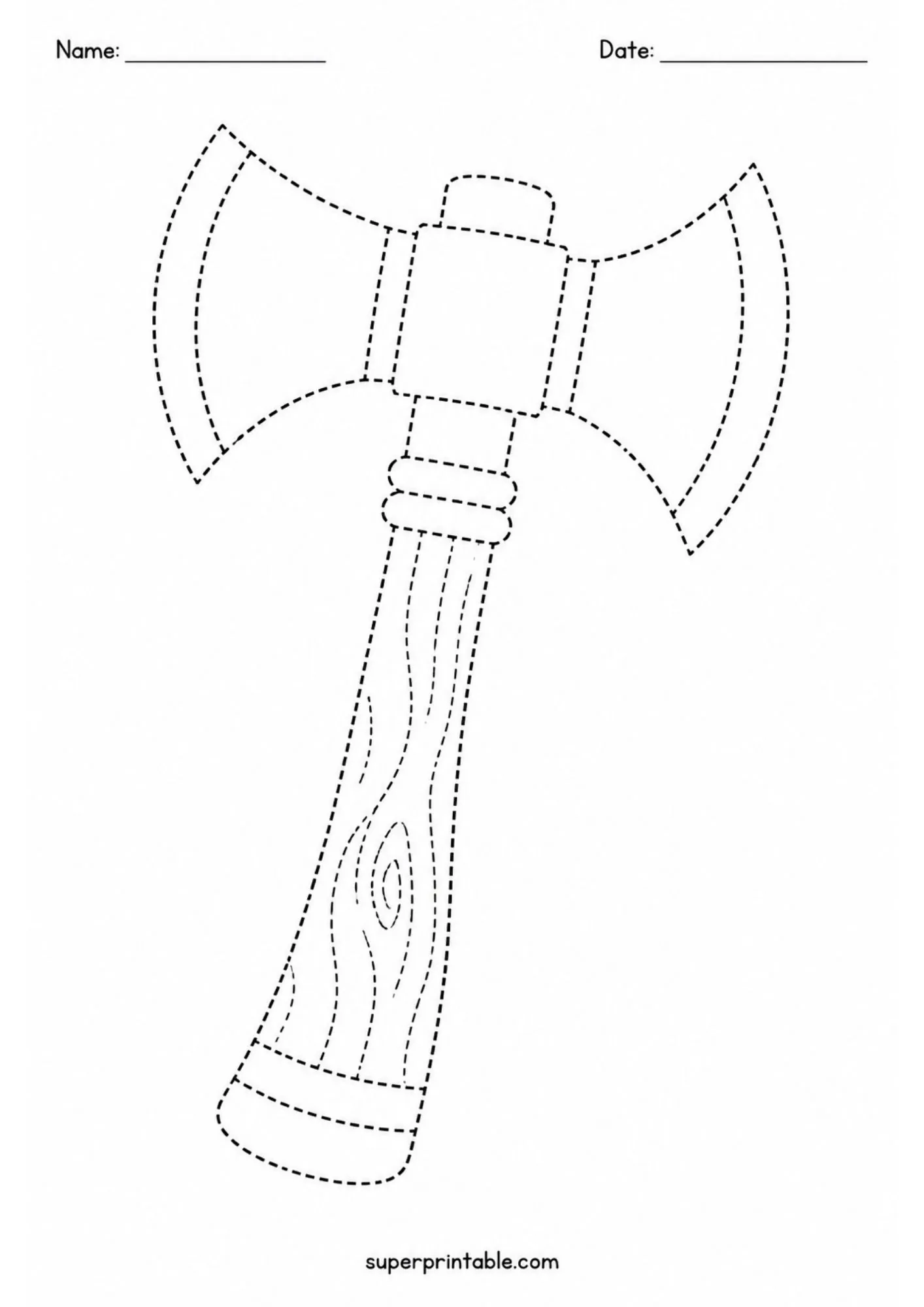 Dotted line tracing worksheet of a double-bitted firefighter axe tool for kids.