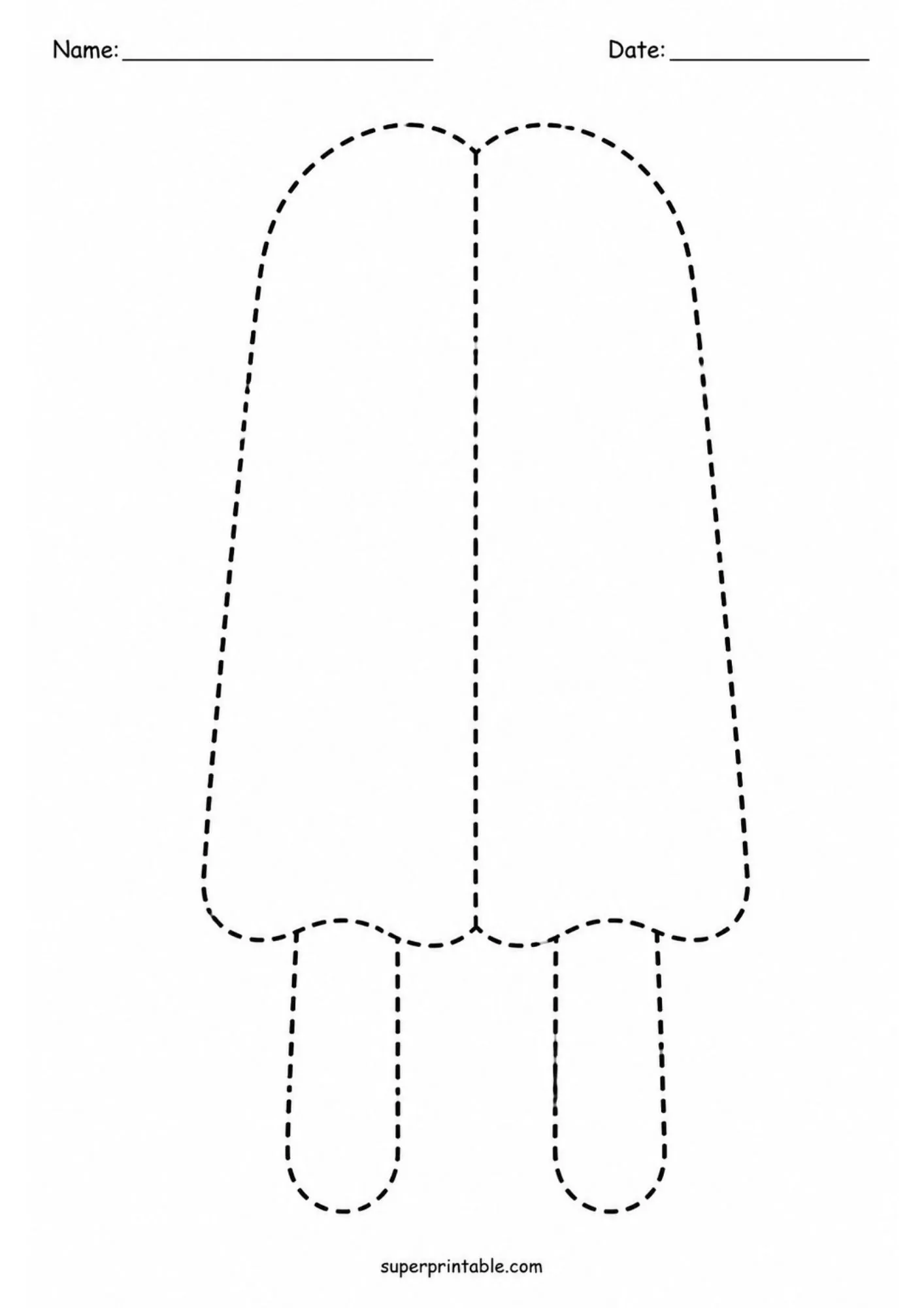 Printable line tracing worksheet showing a classic double popsicle on twin sticks.