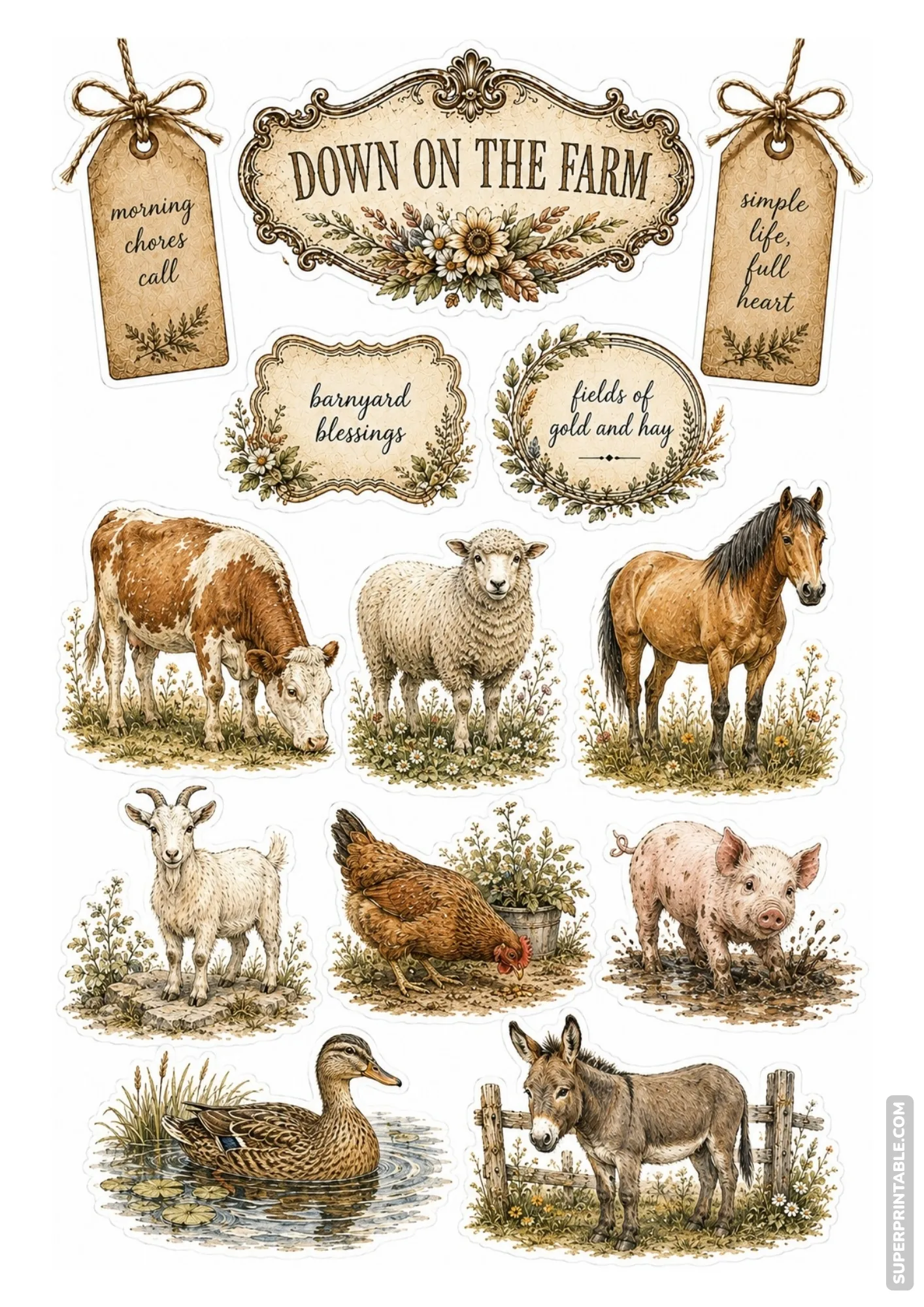 Rustic farm animal sticker sheet depicting vintage cows, horses, sheep, and barnyard creatures.