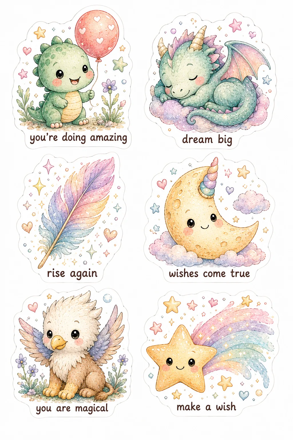 Positive affirmation stickers with dragons, pastel feather, magical moon, griffin, and shooting star