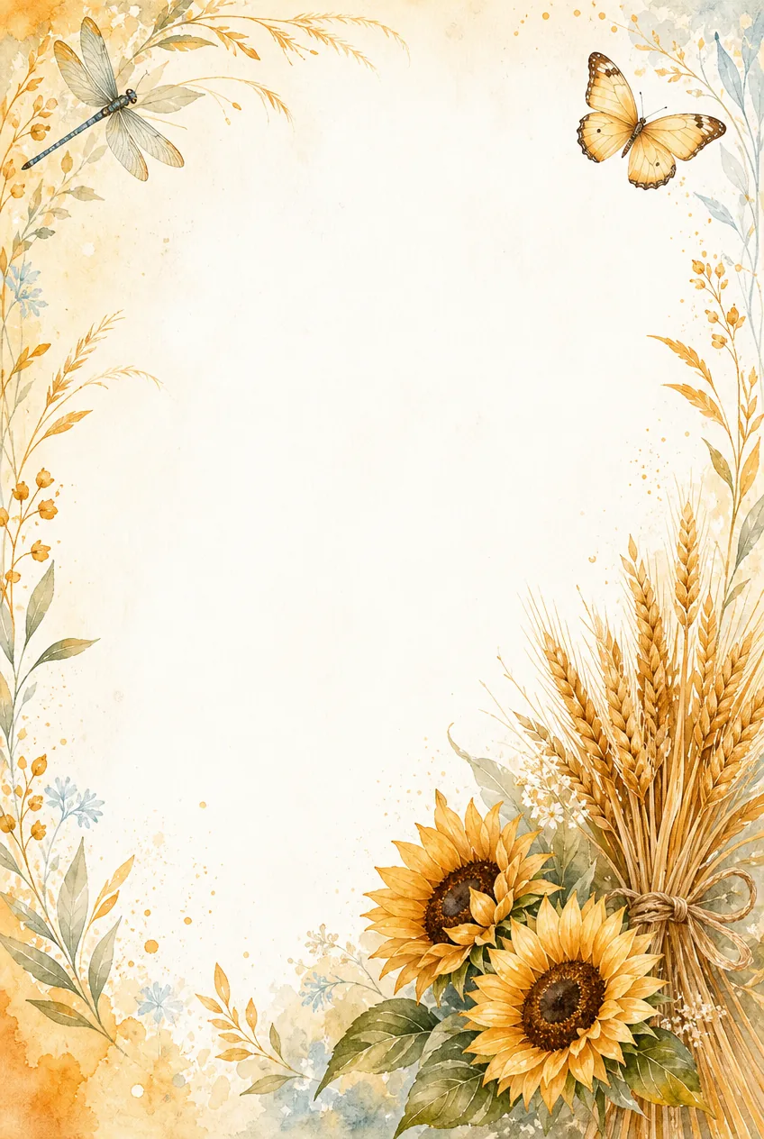 Golden summer frame with dragonfly, butterfly, sunflowers, bundled wheat, leaves, and soft blue accents