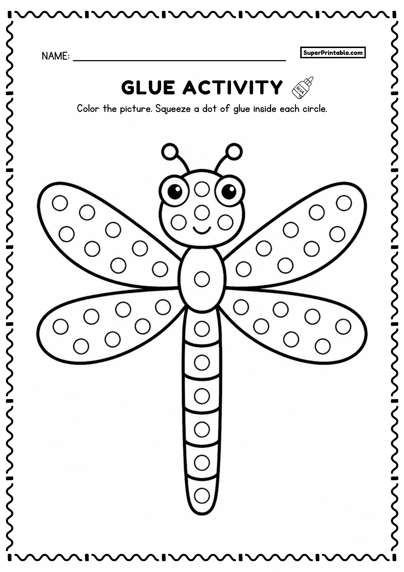 Printable dragonfly dot glue insects worksheet with four wings and segmented tail and dot circles