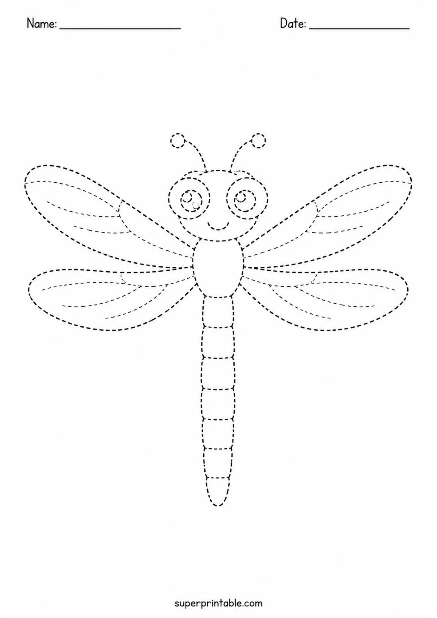 Symmetrical dragonfly wing and tail tracing activity page for kindergarten.