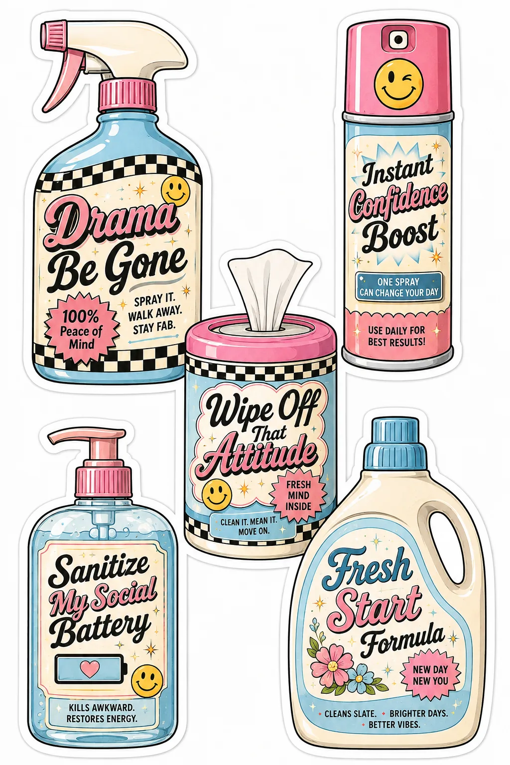 Funny self care stickers with drama spray, confidence boost, attitude wipes and fresh start formula.