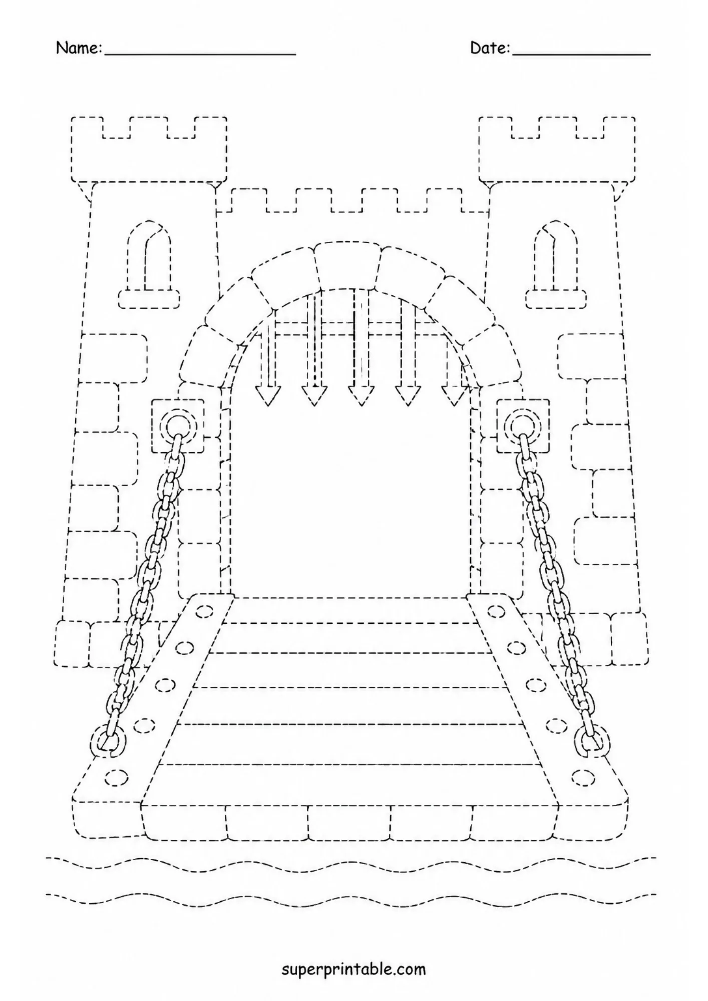 Dotted outline of a drawbridge found in our castle tracing pages.