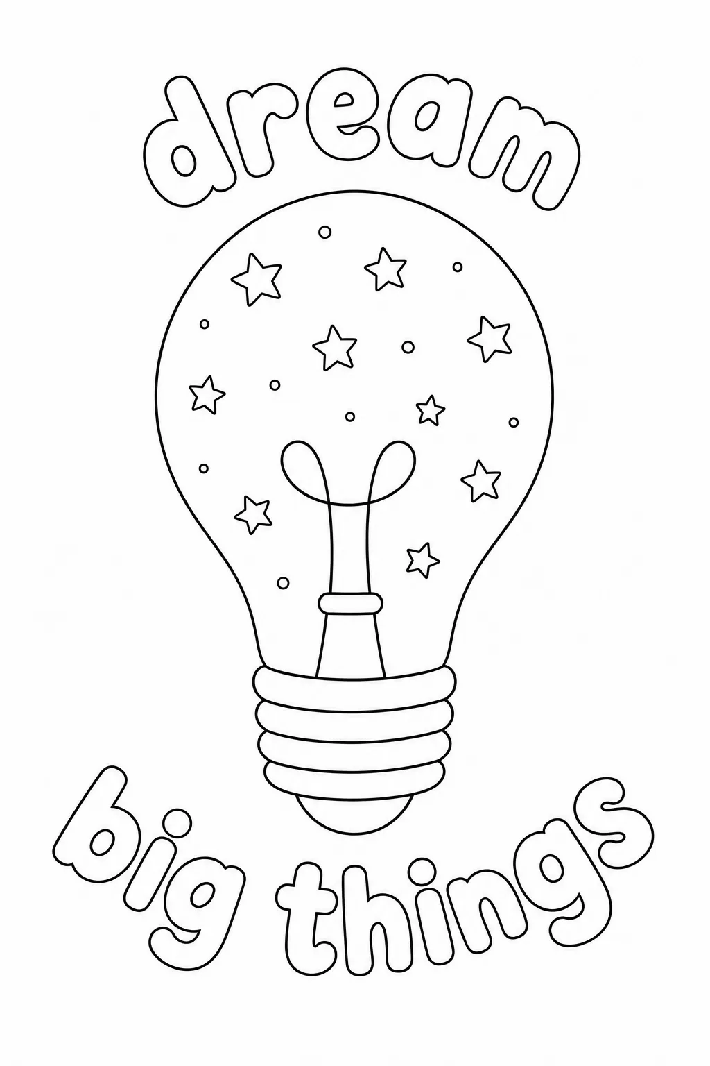 Starry night light bulb illustration with motivational Dream Big Things text framing the page.