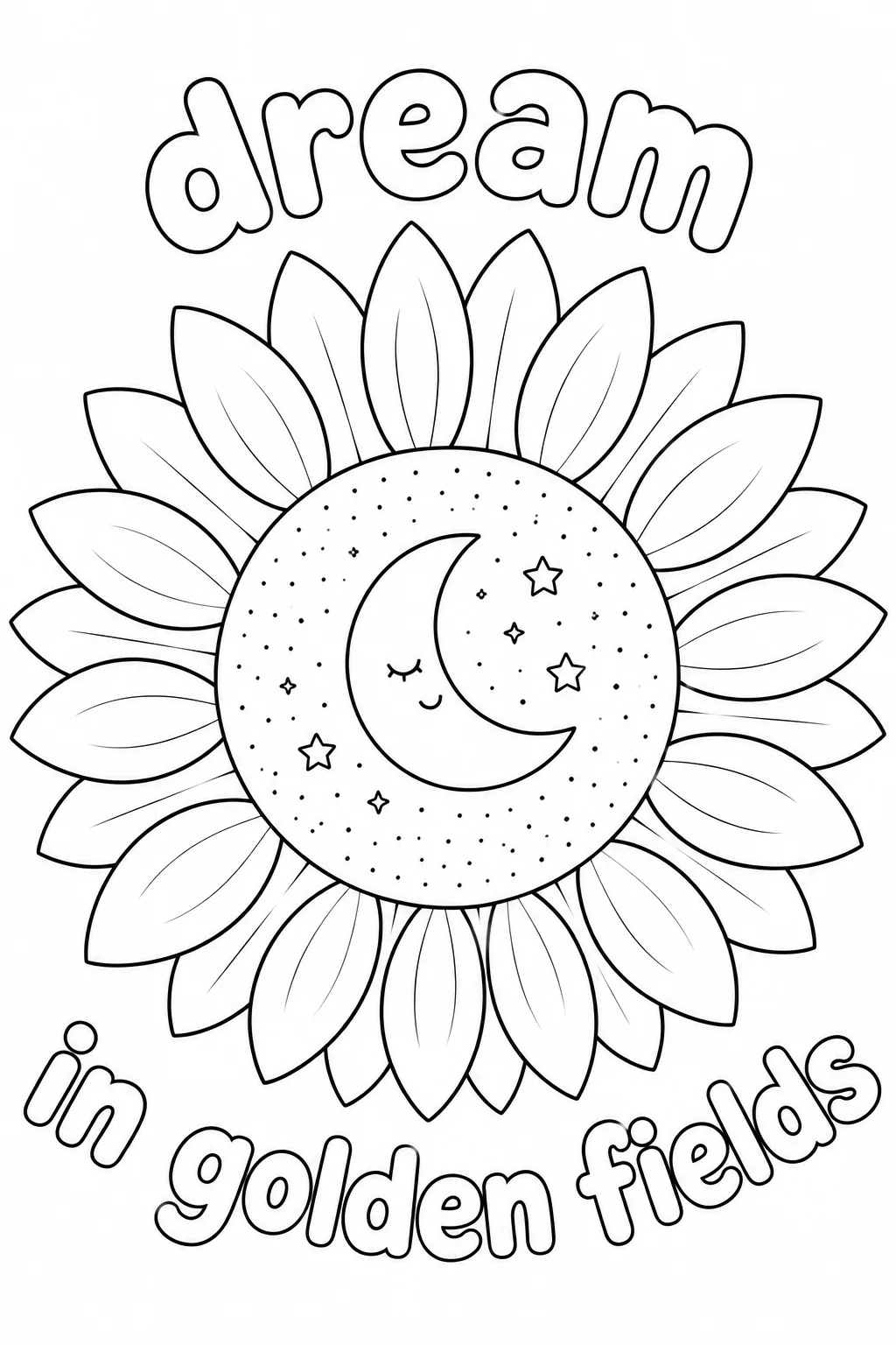 Sleeping crescent moon and stars inside a sunflower head with dream in golden fields text.