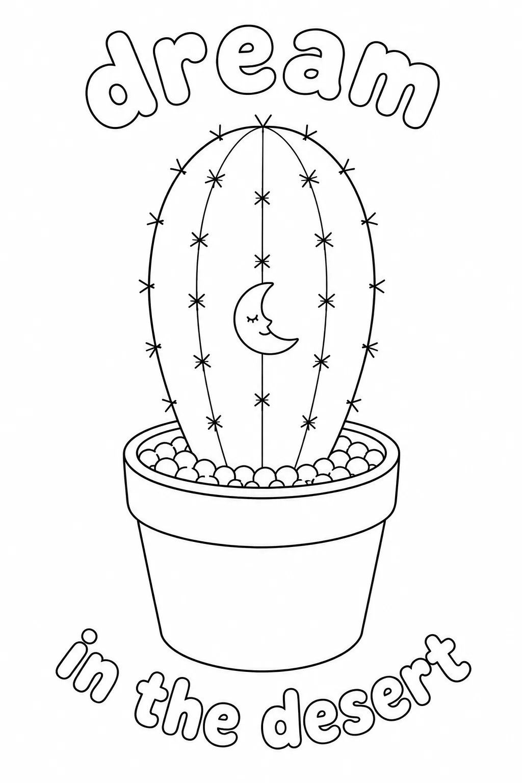 Sleeping crescent moon character inside a potted cactus.