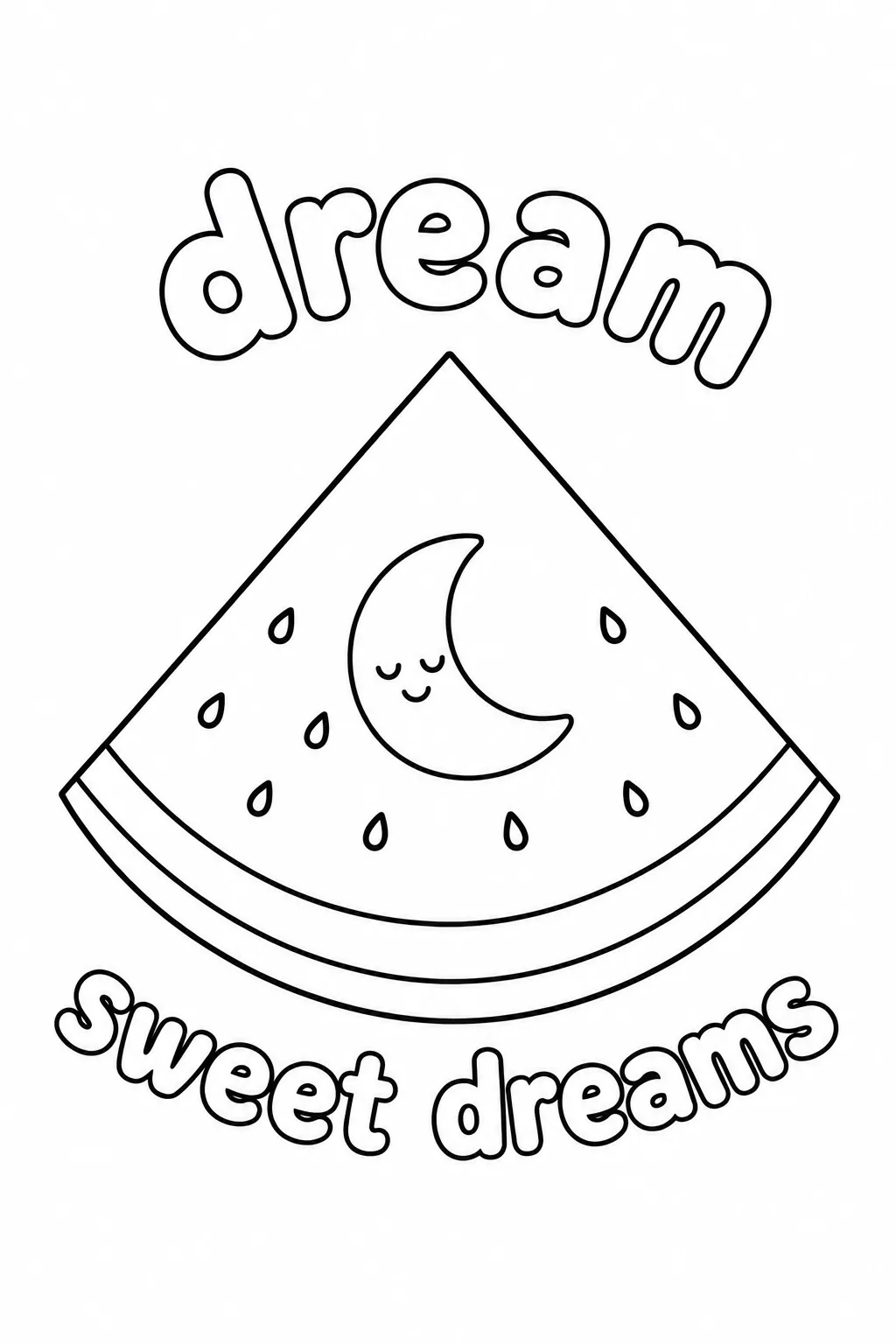 Sleeping crescent moon inside a watermelon slice line drawing coloring sheet.