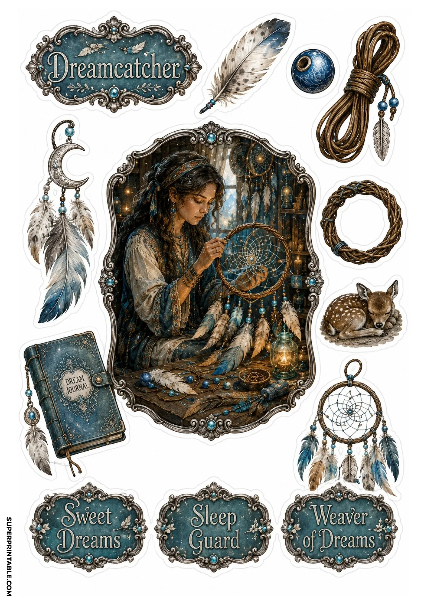 Dreamcatcher weaving scene with leather dream journal, feather ornaments, sleeping fawn, and ornate decorative headers.