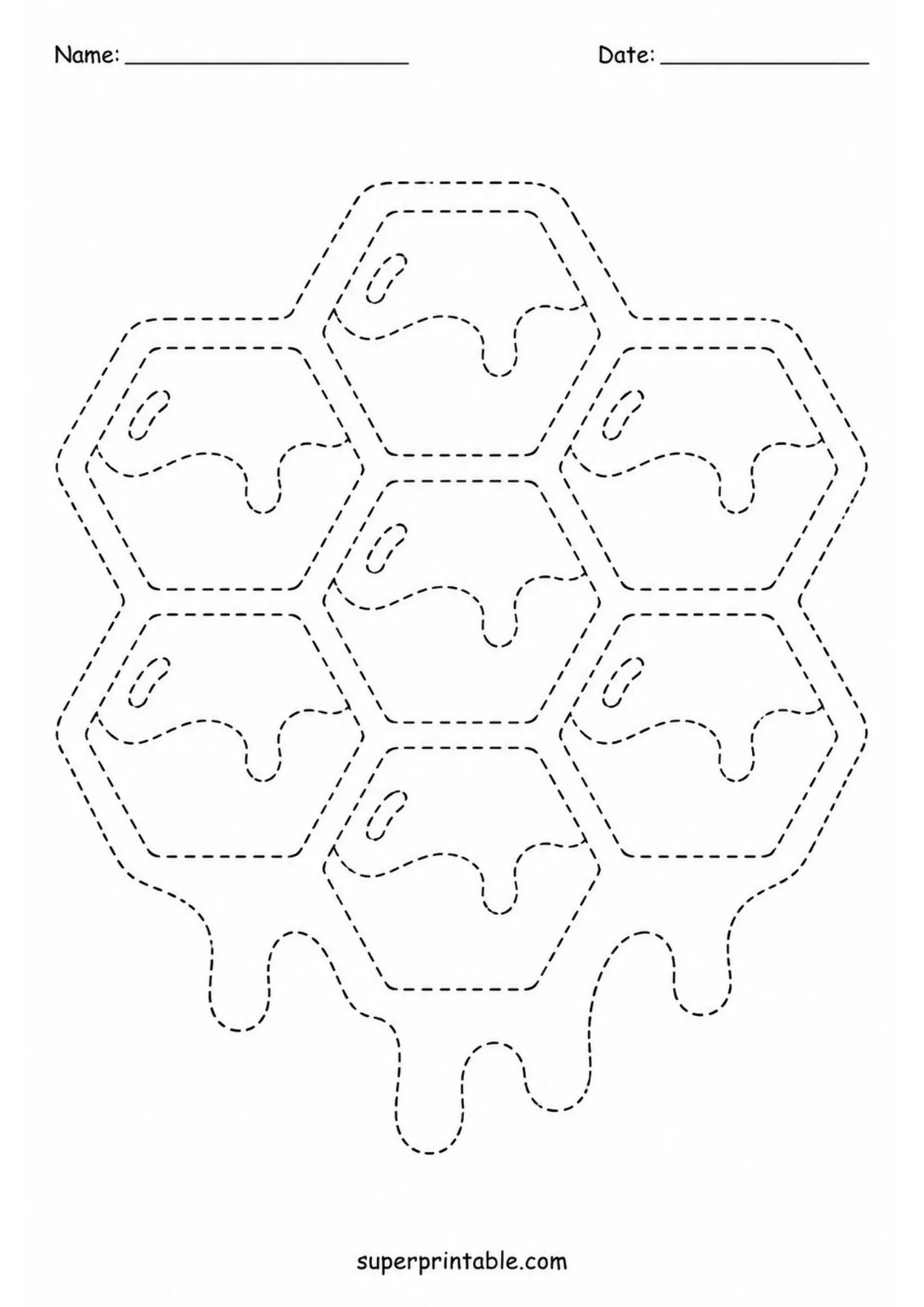 Hexagonal honeycomb cells tracing worksheet with honey dripping from the bottom edge.