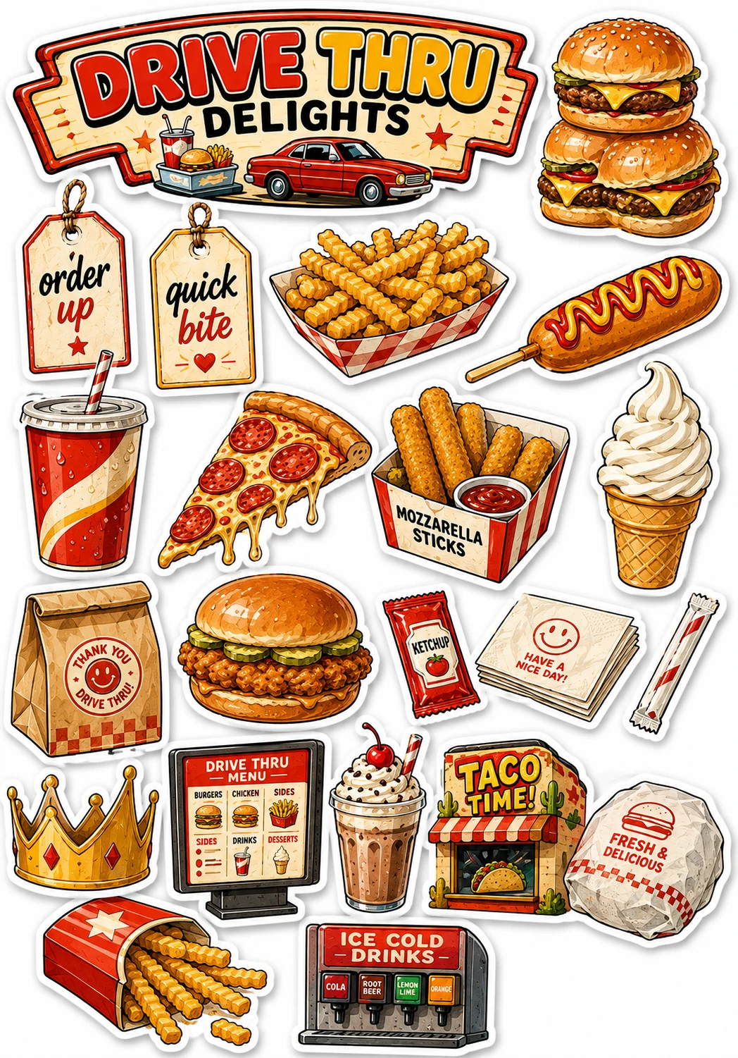 Drive Thru Delights Nuggets Tacos Sheet featuring fast food, retro diner comfort food, junk food treats, and late night cravings.
