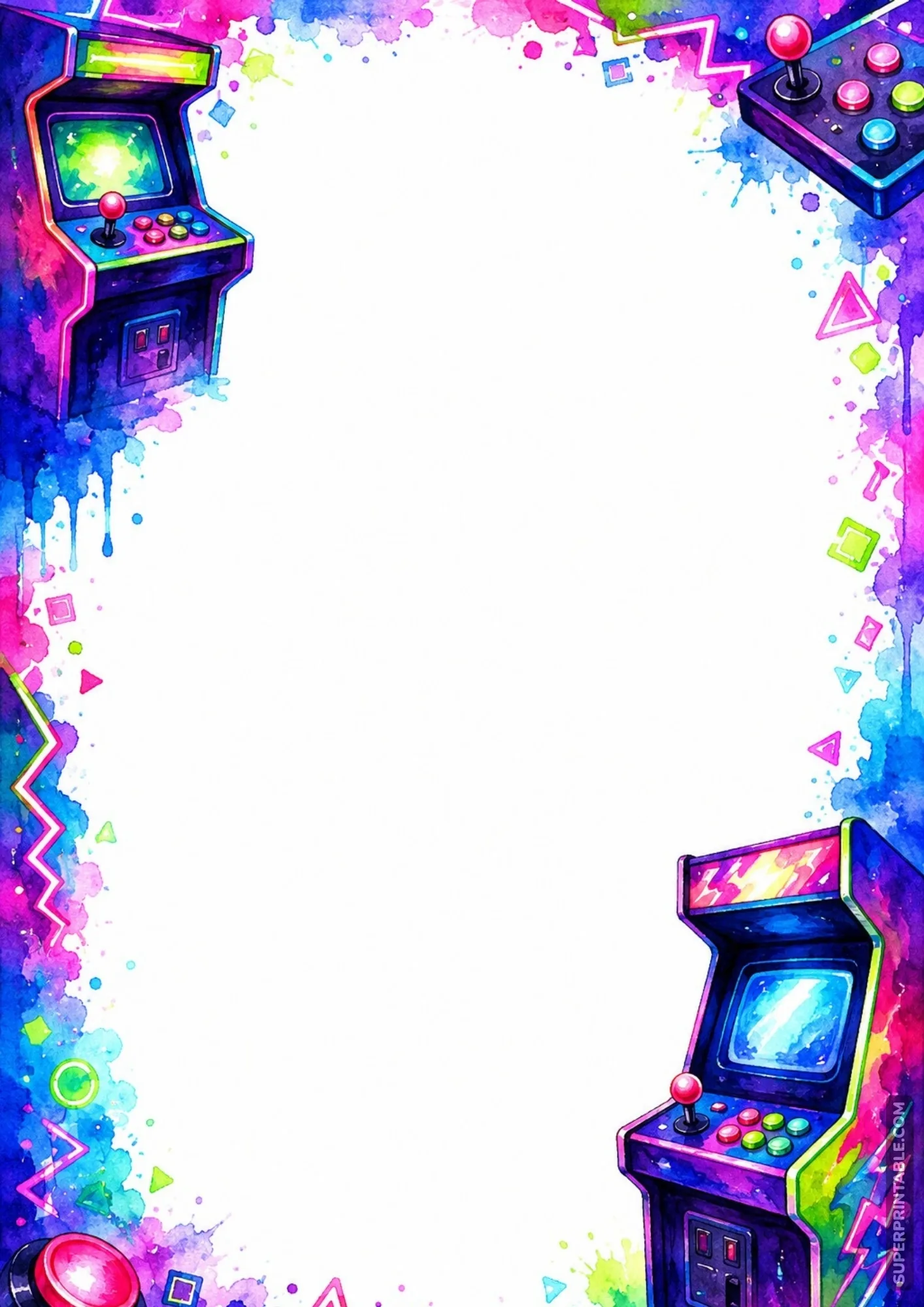 Retro upright arcade cabinets and joystick controller layout framed by colorful neon splash borders.