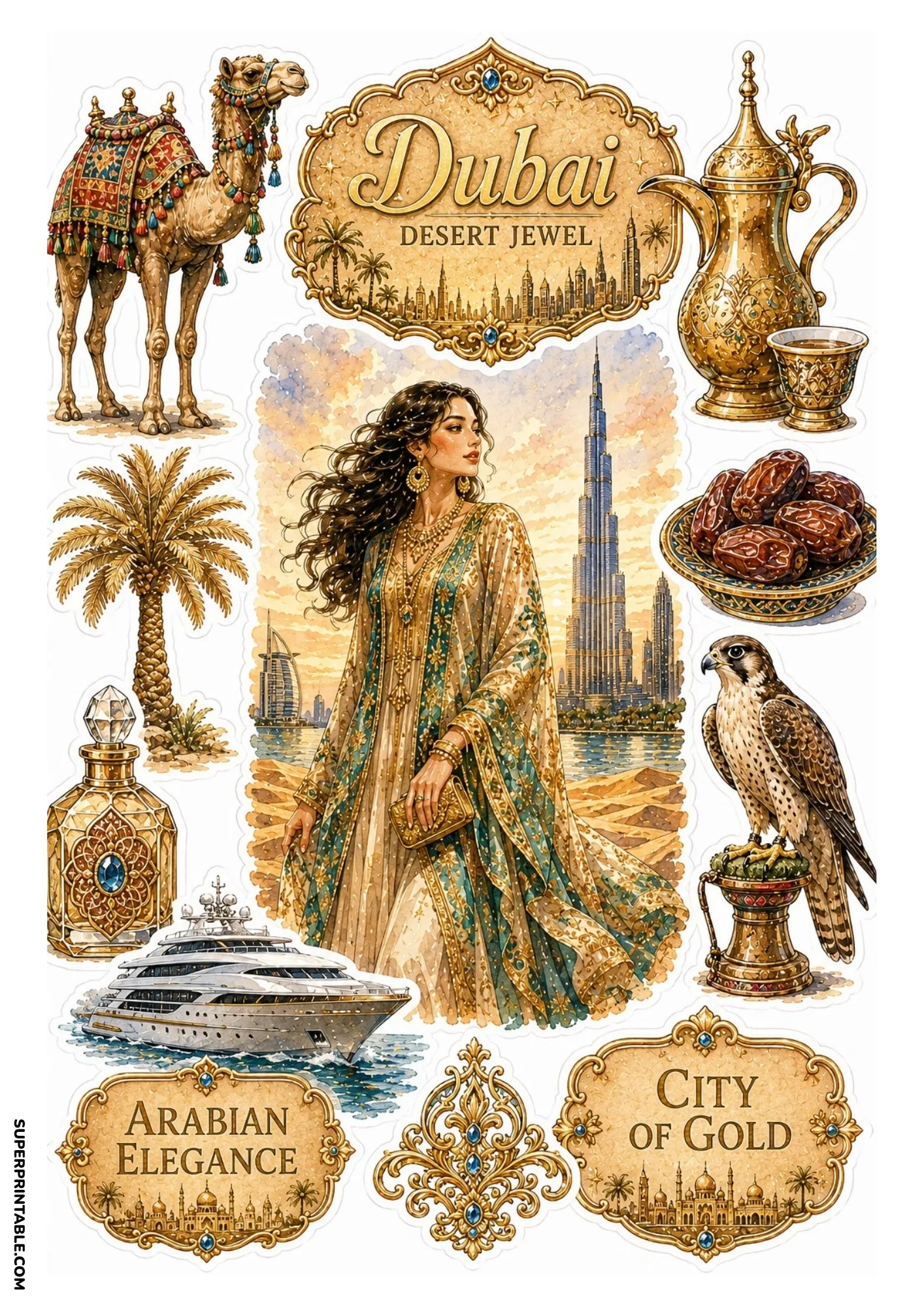 Dubai travel sticker sheet displaying Burj Khalifa skyscraper and desert camels