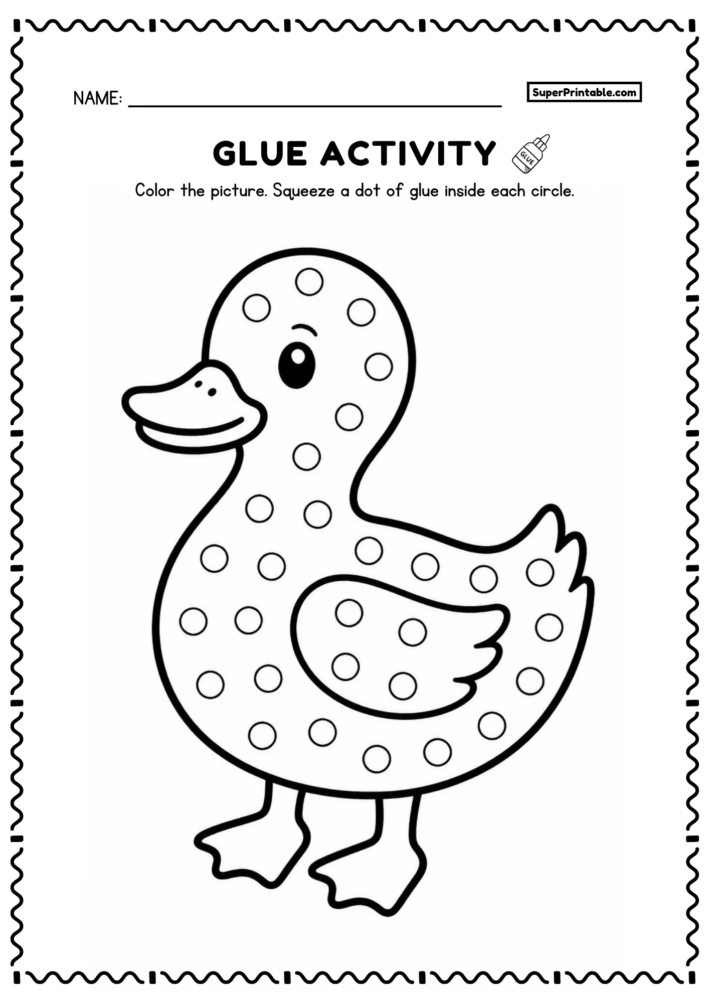 Dot glue farm worksheet featuring a cute round duck with webbed feet and dot circles for kids
