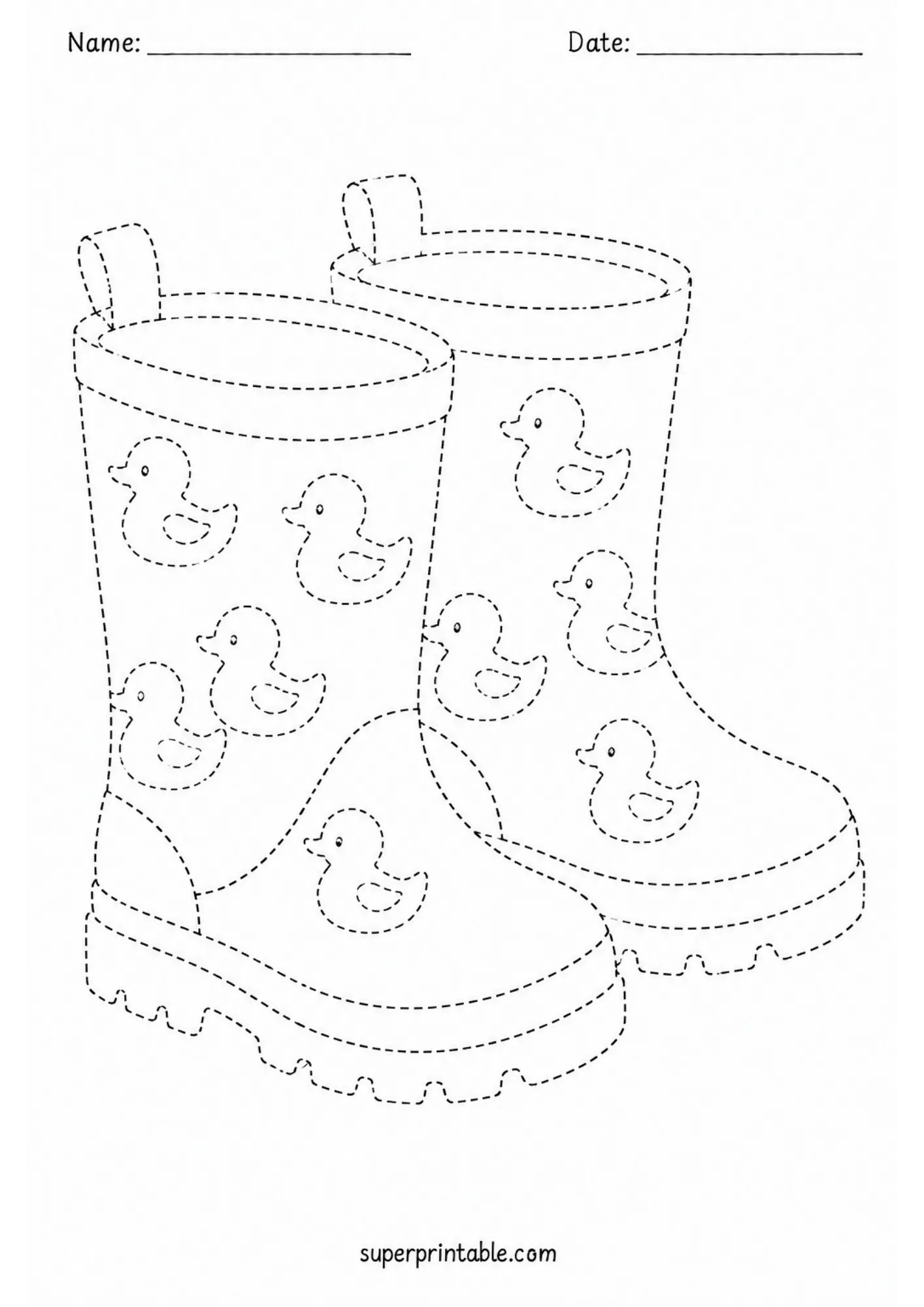 Printable tracing activity showing a pair of rain boots decorated with cute duck patterns.