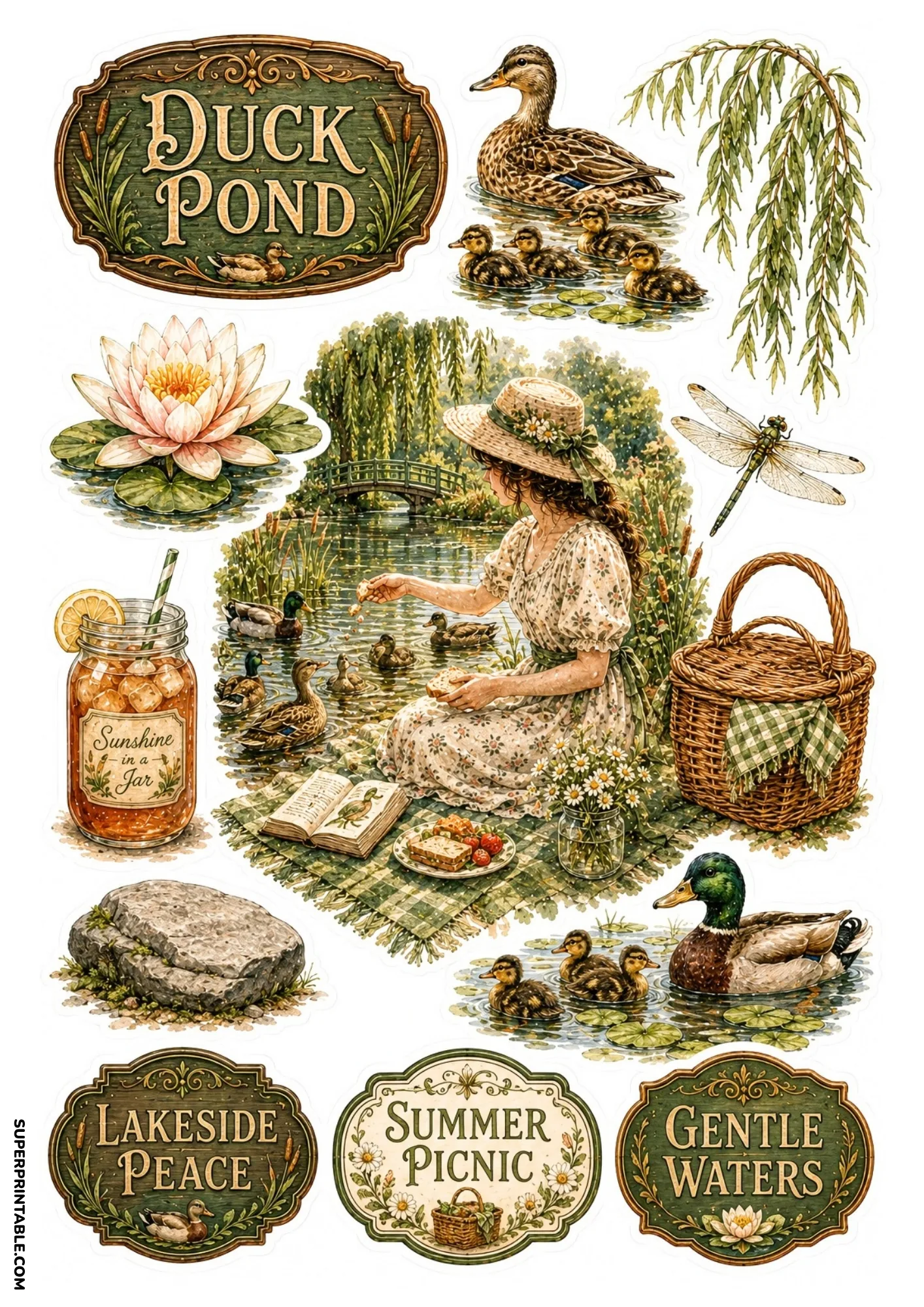Peaceful duck pond picnic stickers showing a woman feeding ducks, water lilies, and a picnic basket.