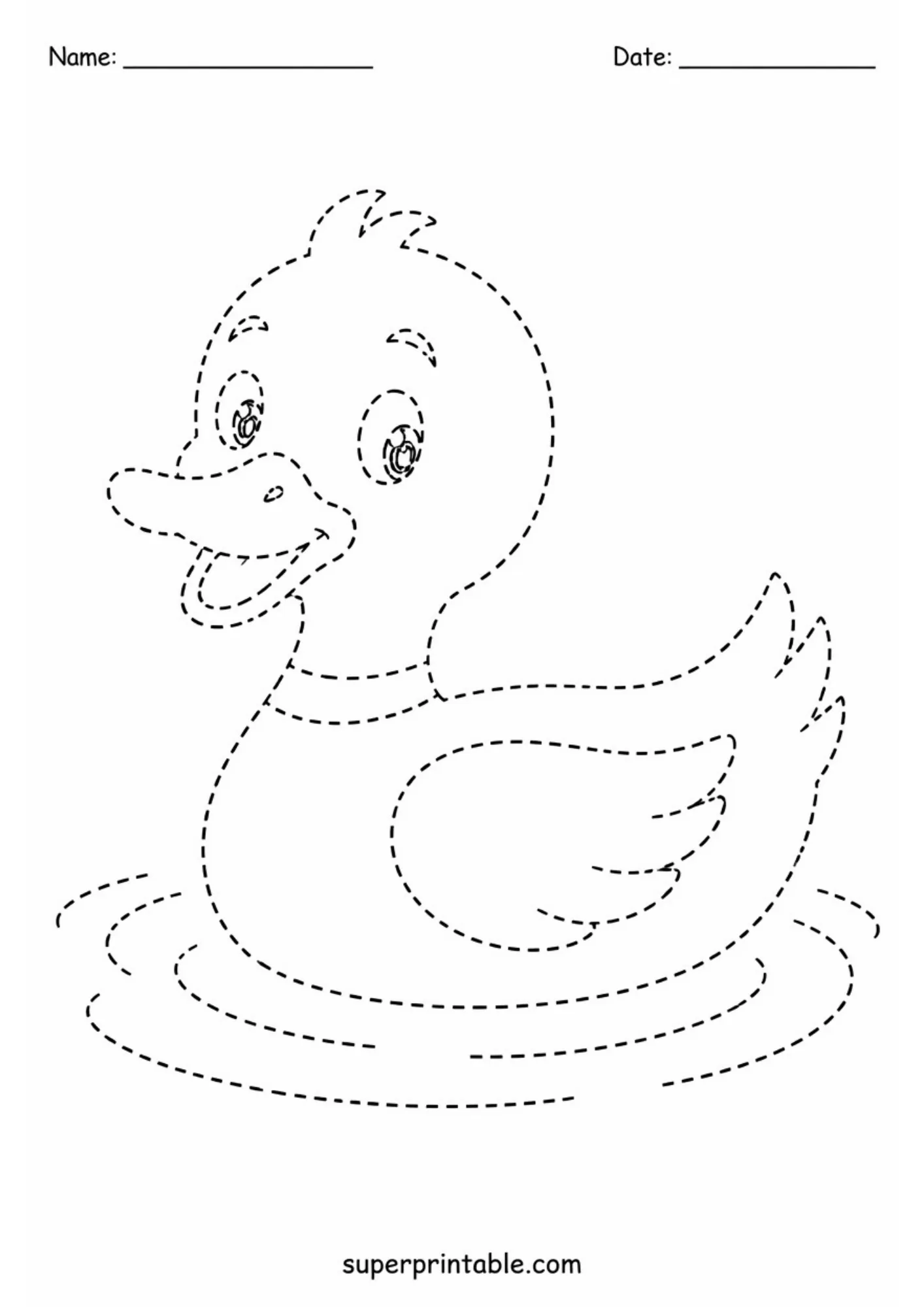 Smiling duck tracing activity with dashed body details and gentle water ripples