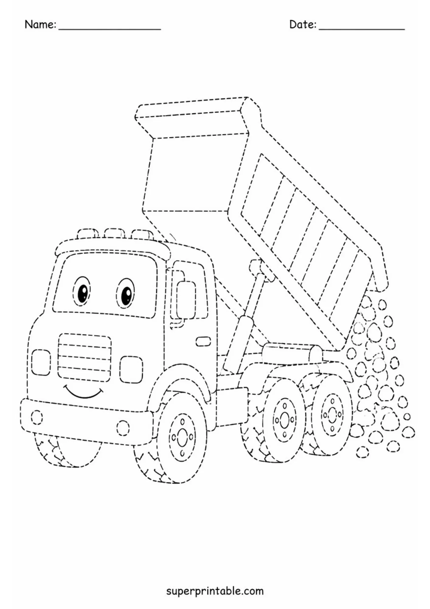 Printable construction site activity worksheets featuring a cartoon dump truck tracing page.