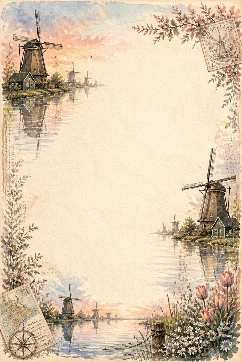 Dutch canal page border featuring multiple windmills reflected in calm water at pink sunset.