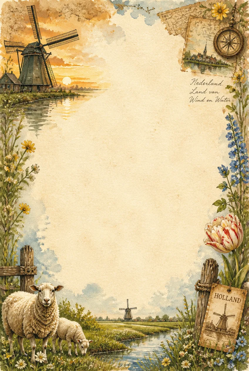 Dutch countryside watercolor border with windmills, sheep in a pasture, and spring wildflowers.