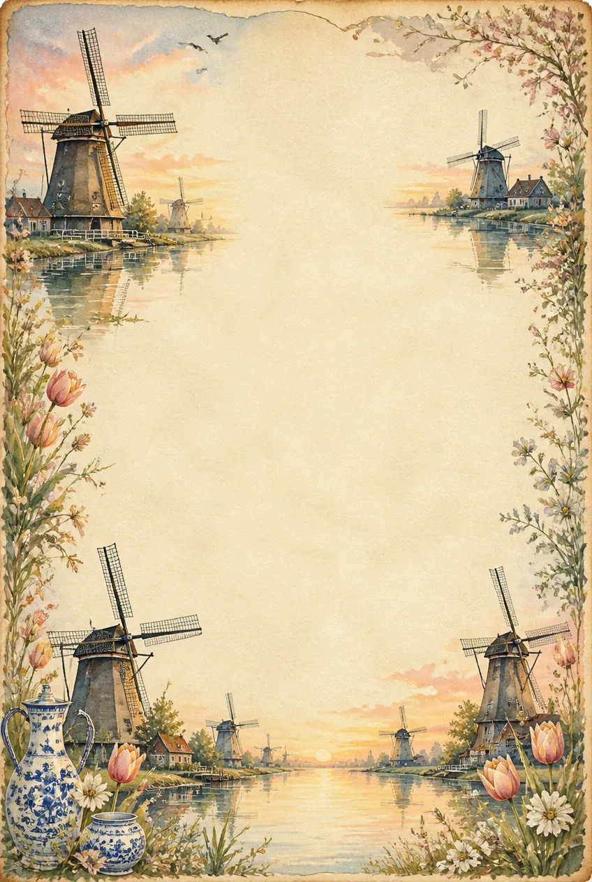 Dutch page border with windmills along waterways, tulips, and blue delftware ceramic vases.