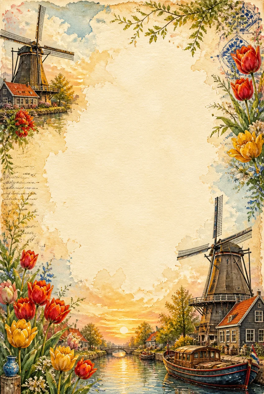 world windmills page borders featuring traditional Dutch windmills and red tulips at sunset.