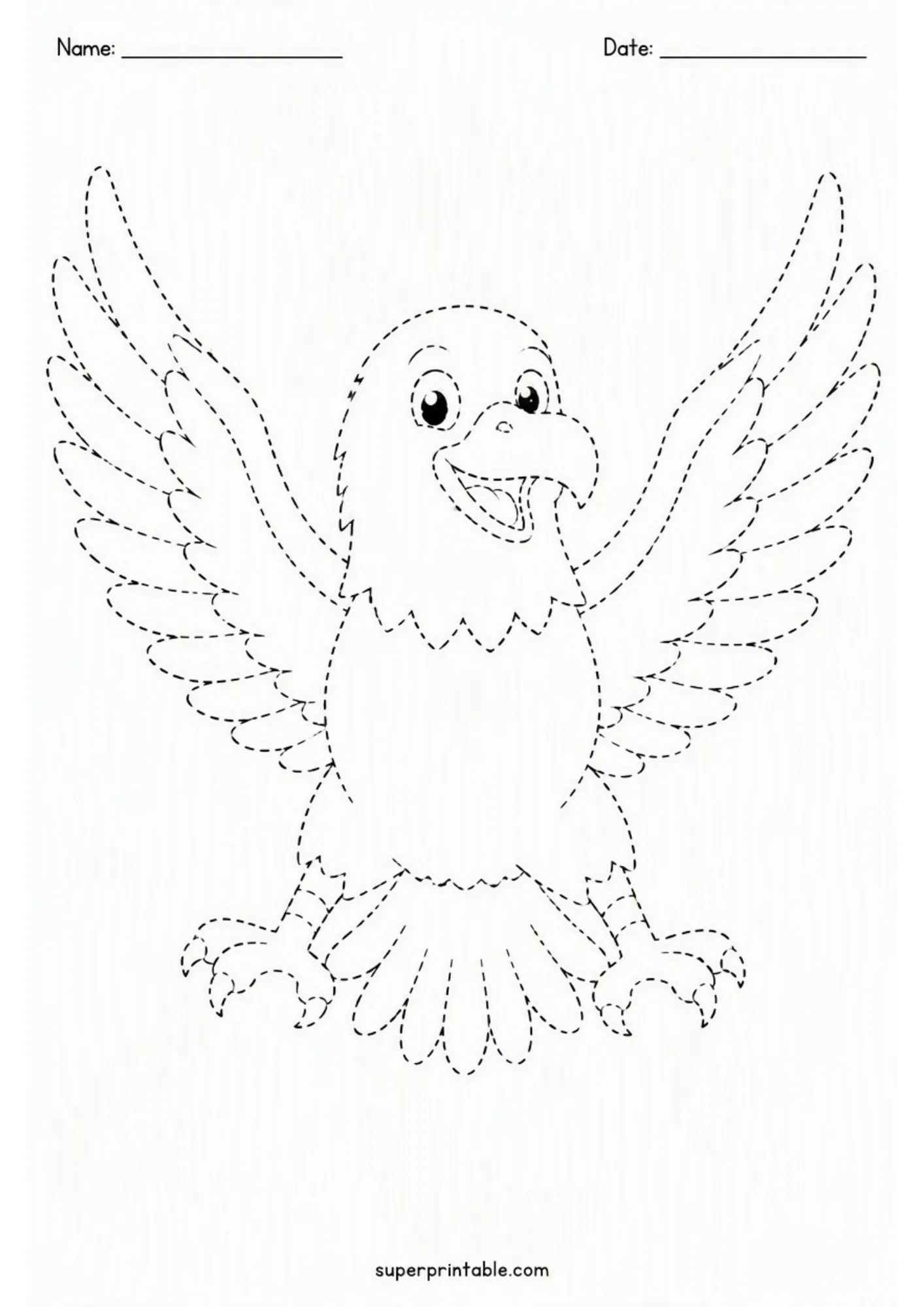 Eagle tracing worksheet showing a cheerful bird with large spread wings and talons