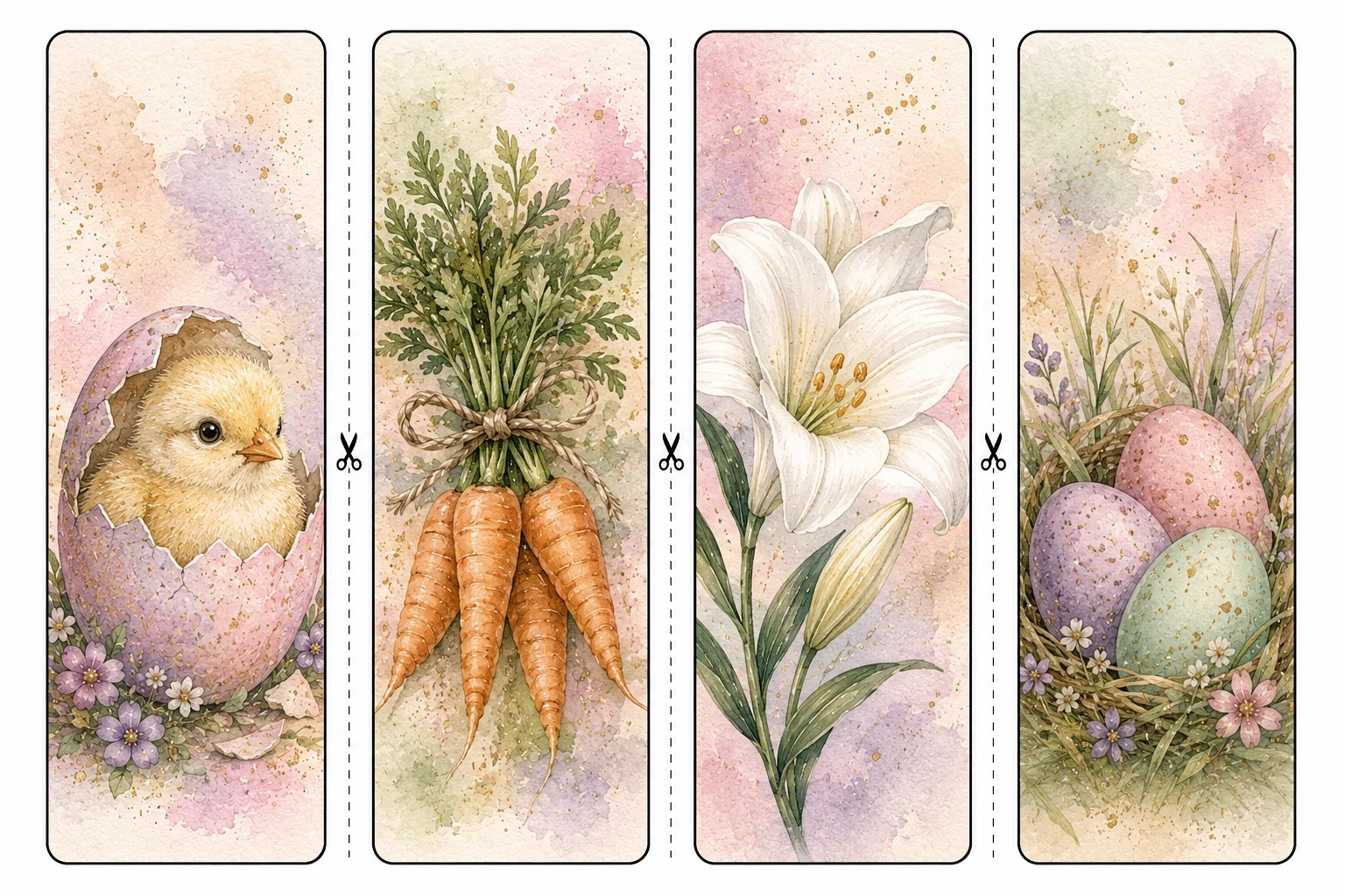 Printable Easter bookmarks sheet 2, hatching chick and easter lily