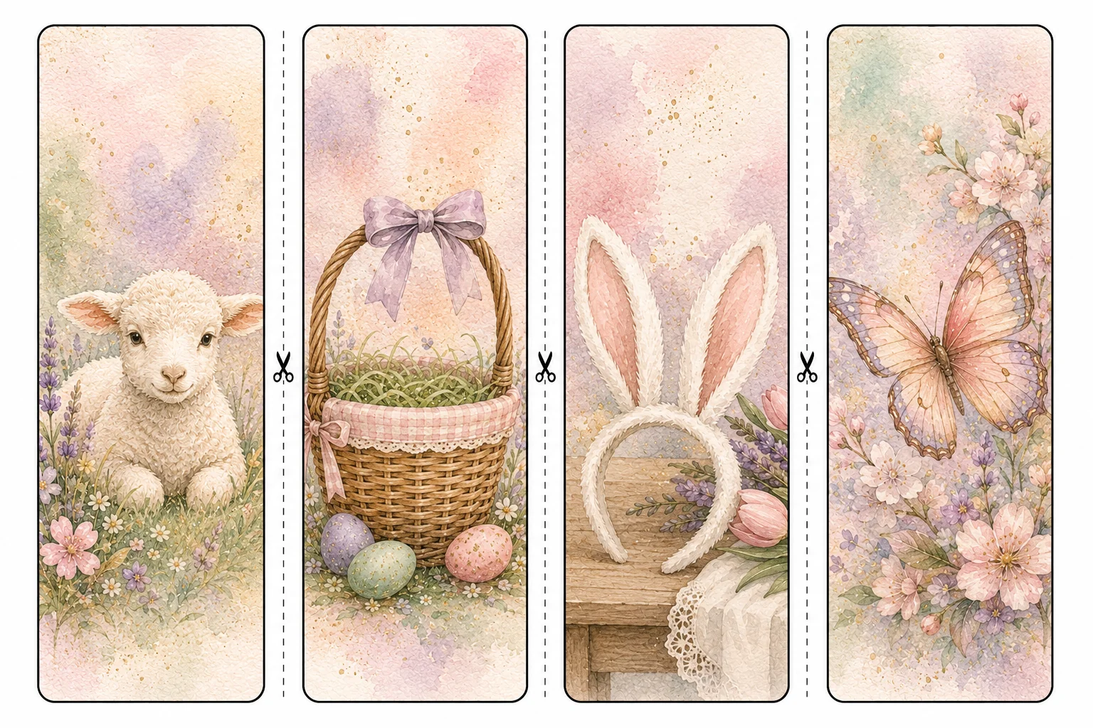 Printable Easter bookmarks sheet 3, spring lamb and egg hunt