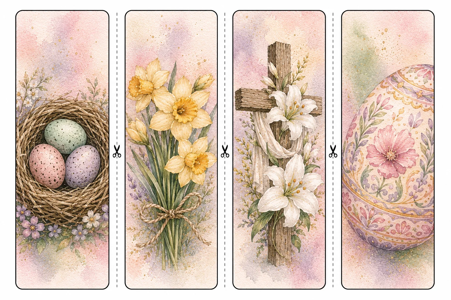 Printable Easter bookmarks sheet 4, robin's nest and daffodils