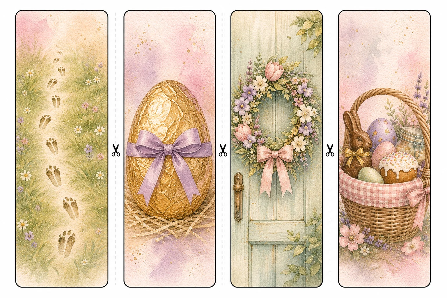 Printable Easter bookmarks sheet 5, bunny footprints and picnic basket