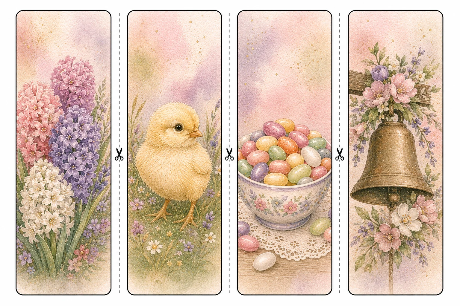 Printable Easter bookmarks sheet 6, hyacinth and church bell
