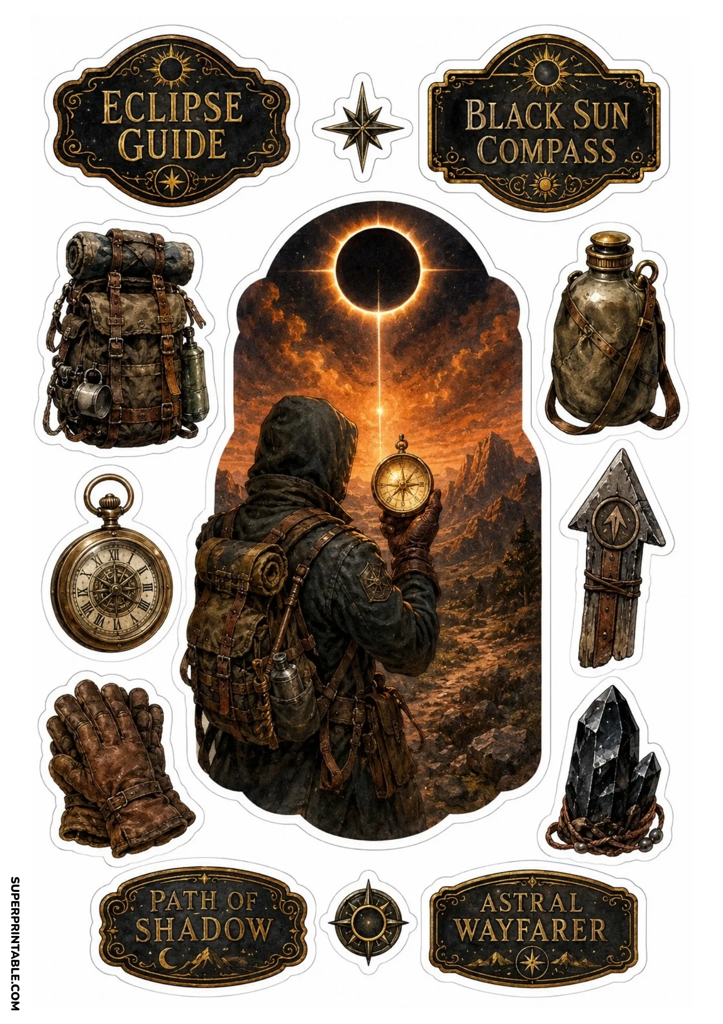 Explorer holding brass compass under solar eclipse with leather backpack, pocket watch, and black crystal cluster.