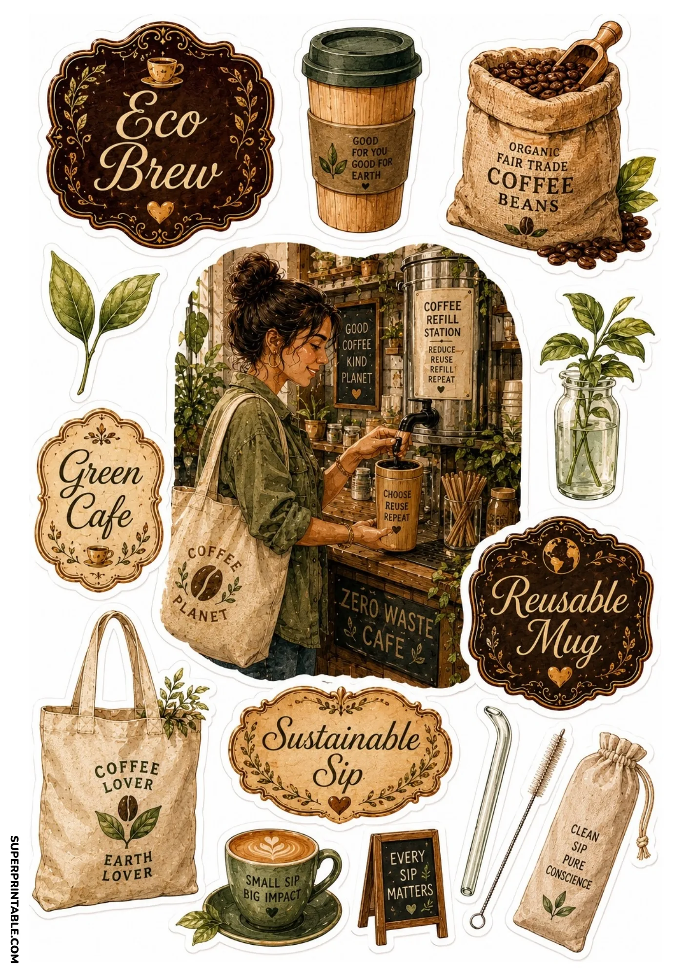 Sustainable eco brew stickers featuring a refill station, canvas tote bag, and glass straw.