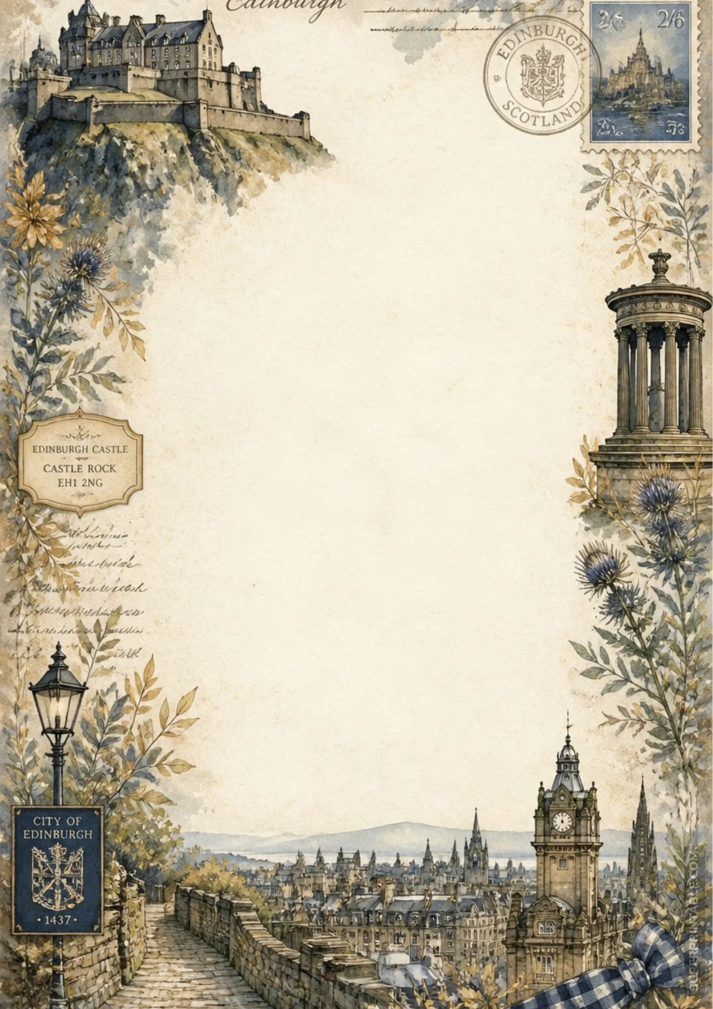 world castles stationary border pages showing Edinburgh Castle on Castle Rock surrounded by Scottish thistles